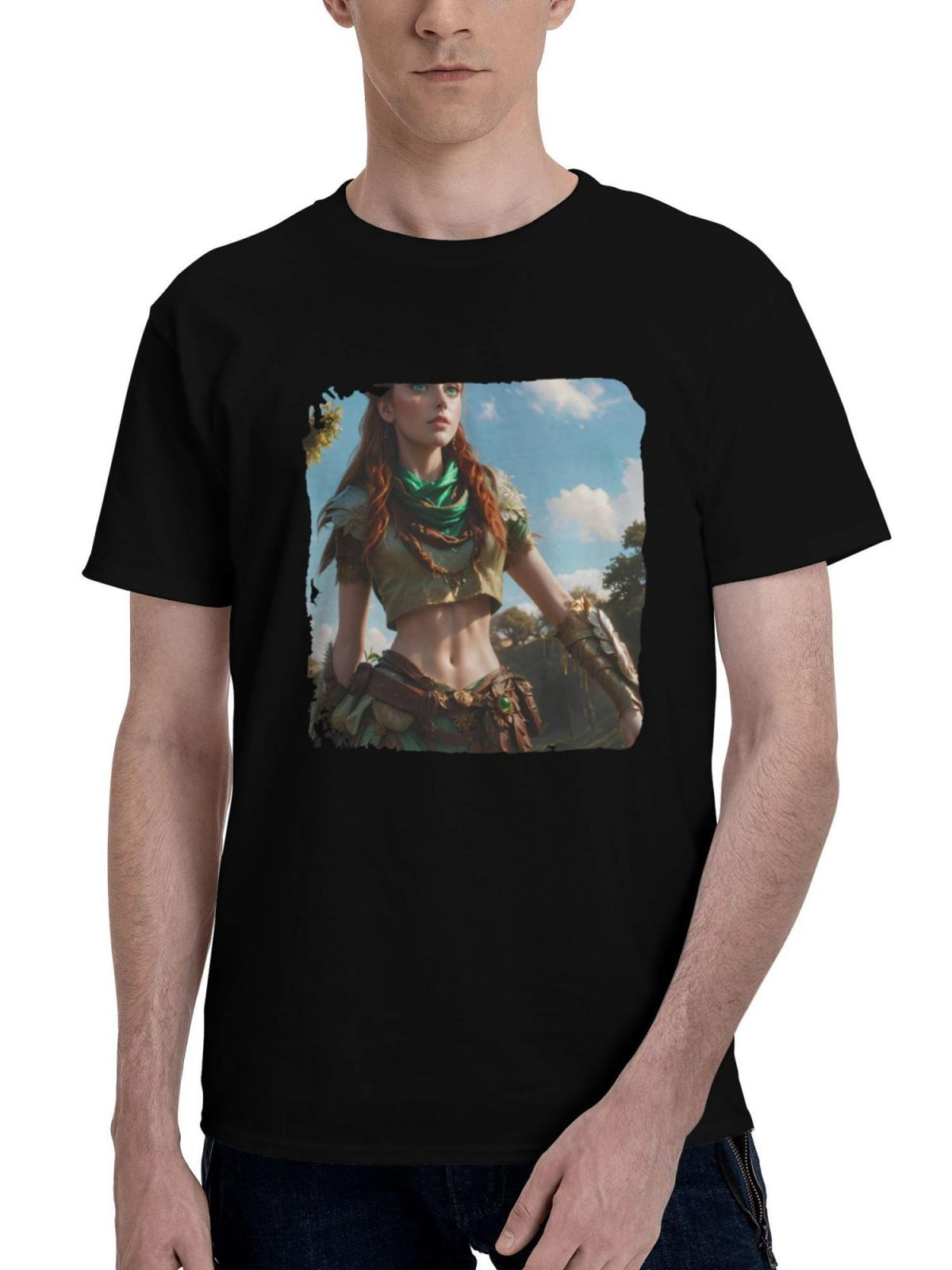 Aloy-Horizon Zero Dawn Fantasy Art 180G 100% Cotton Printed Round Neck Short-Sleeve T-Shirt, Christmas Gifts for Men Dad Husband Grandpa, S-XXXL, Black