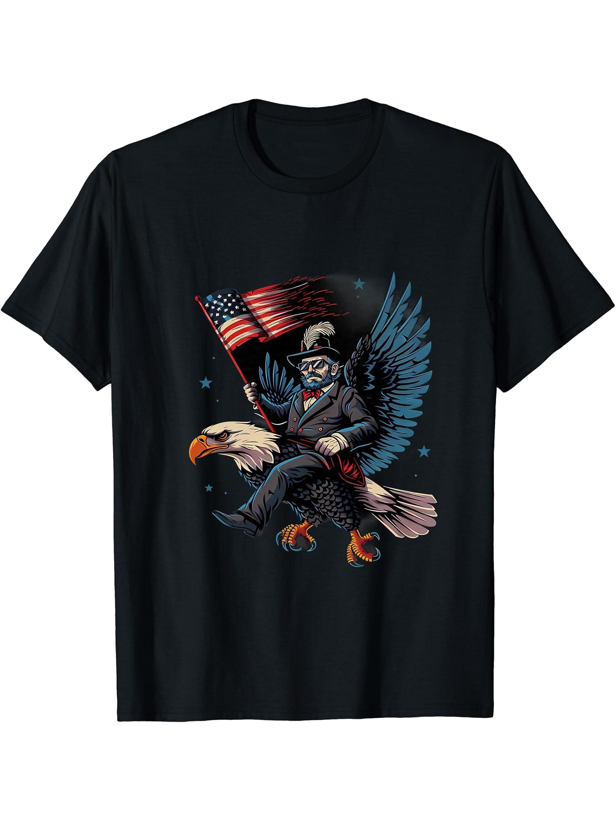 Fourth Of July Bald Eagle Abraham Lincoln America Patriotic T-Shirt 180G 100% Cotton Printed Round Neck Short-Sleeve T-Shirt, Gifts for Men Dad Husband Grandpa, S-XXXL, Black