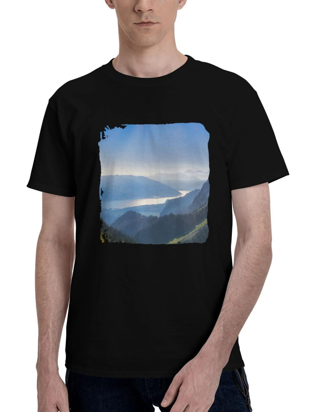 Alps-In Switzerland 180G 100% Cotton Printed Round Neck Short-Sleeve T-Shirt, Christmas Gifts for Men Dad Husband Grandpa, S-XXXL, Black