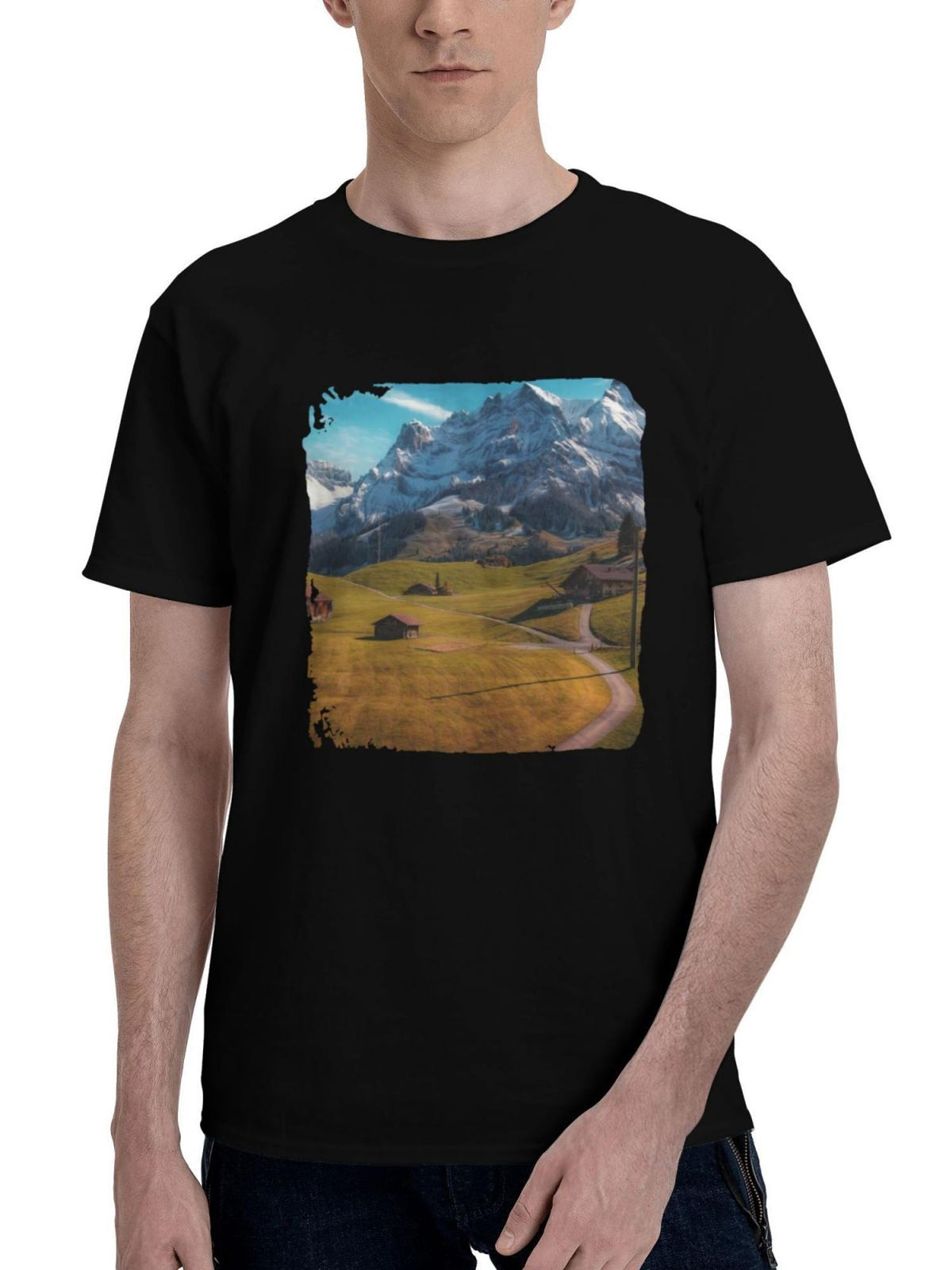 Alps-Switzerland Mountains 180G 100% Cotton Printed Round Neck Short-Sleeve T-Shirt, Christmas Gifts for Men Dad Husband Grandpa, S-XXXL, Black