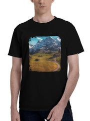 Alps-Switzerland Mountains 180G 100% Cotton Printed Round Neck Short-Sleeve T-Shirt, Christmas Gifts for Men Dad Husband Grandpa, S-XXXL, Black