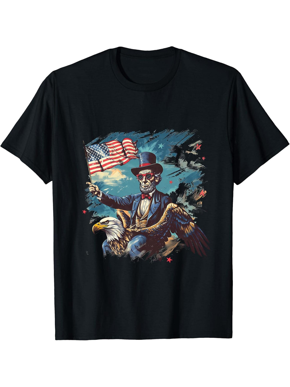 Fourth Of July Bald Eagle Abraham Lincoln Patriotic America T-Shirt 180G 100% Cotton Printed Round Neck Short-Sleeve T-Shirt, Gifts for Men Dad Husband Grandpa, S-XXXL, Black