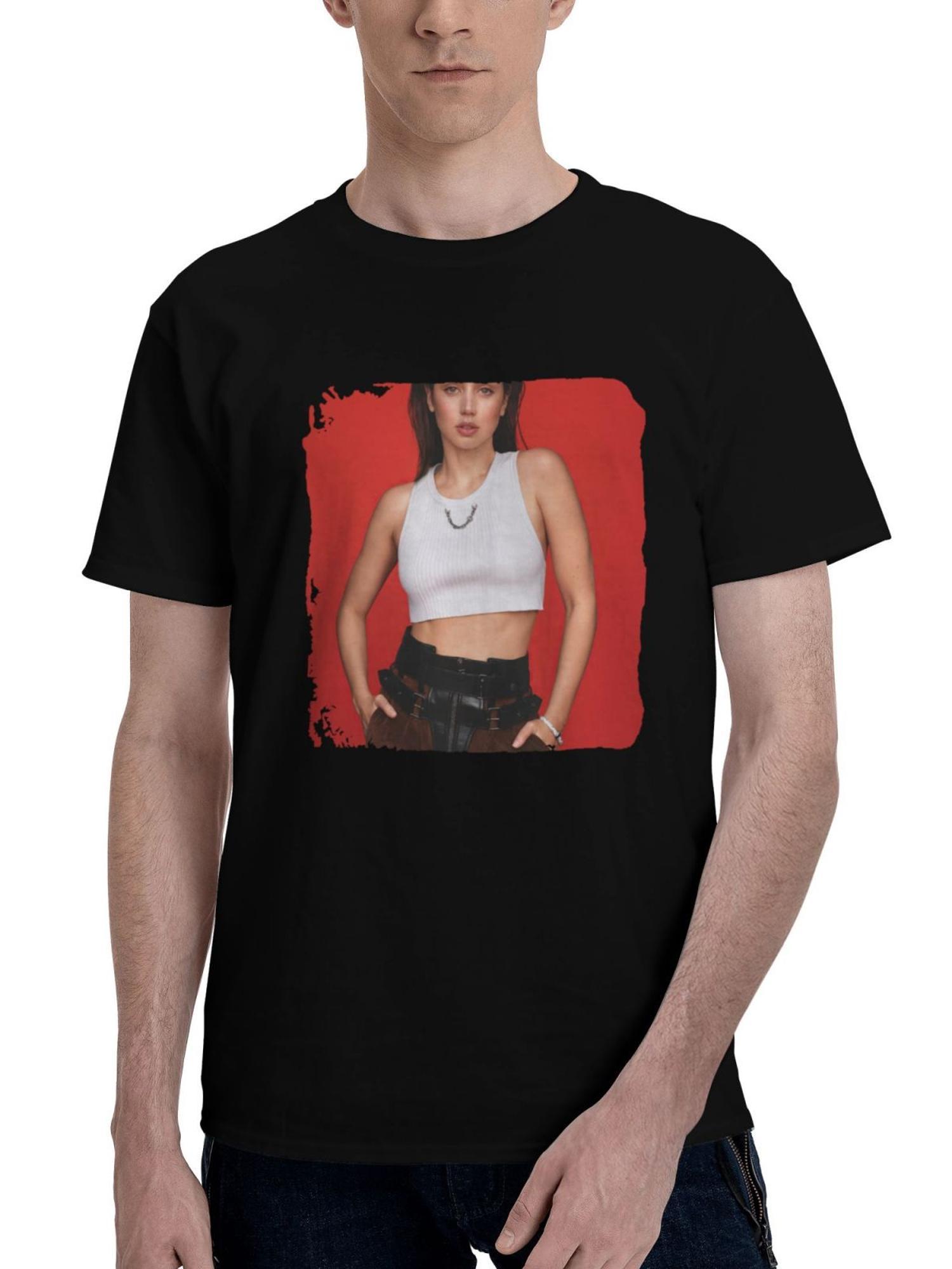 Ana-De Armas Lofficiel Usa 2022 180G 100% Cotton Printed Round Neck Short-Sleeve T-Shirt, Christmas Gifts for Men Dad Husband Grandpa, S-XXXL, Black