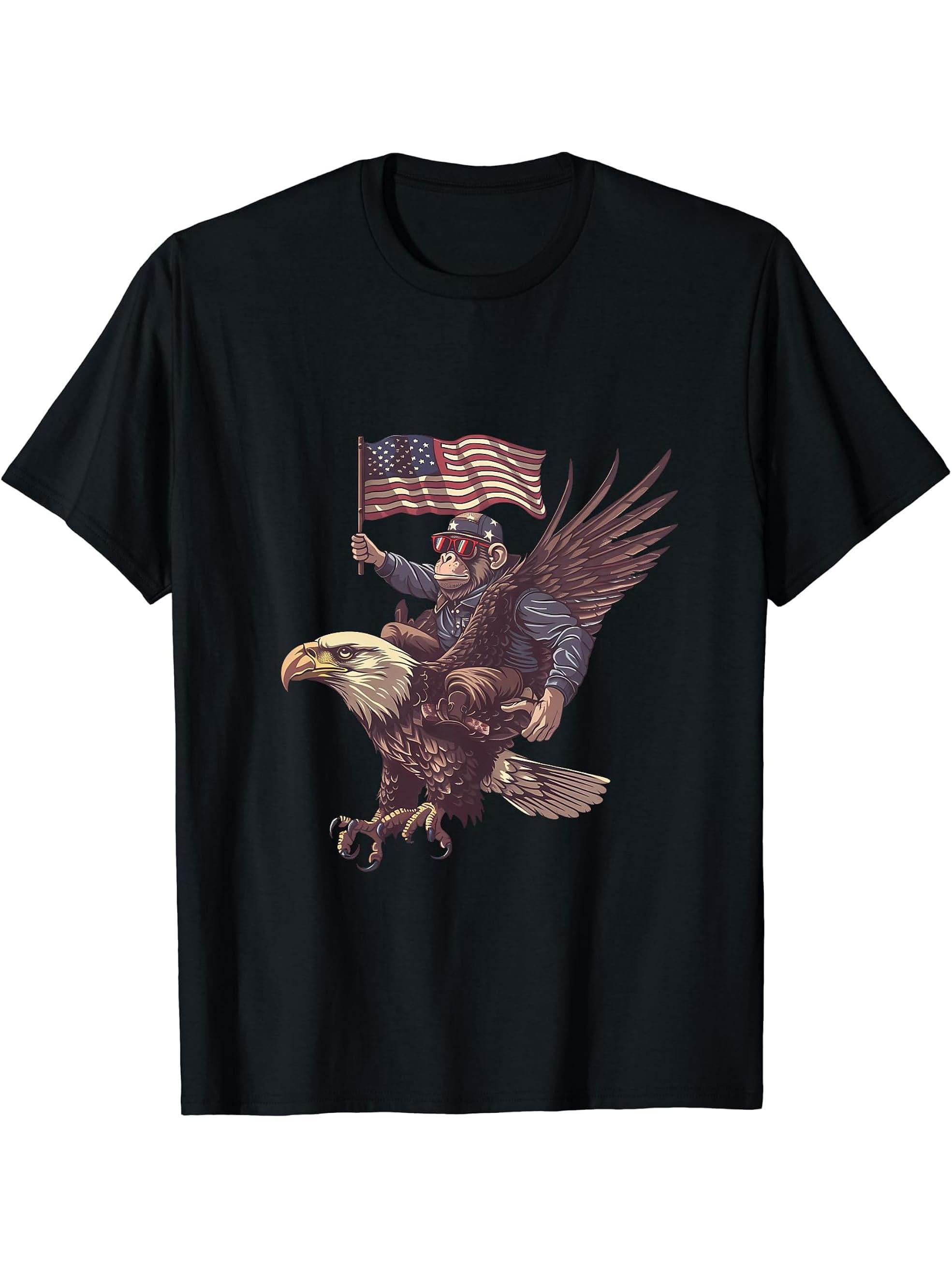 Funny Monkey Bald Eagle American Flag USA Fourth Of July T-Shirt 180G 100% Cotton Printed Round Neck Short-Sleeve T-Shirt, Gifts for Men Dad Husband Grandpa, S-XXXL, Black