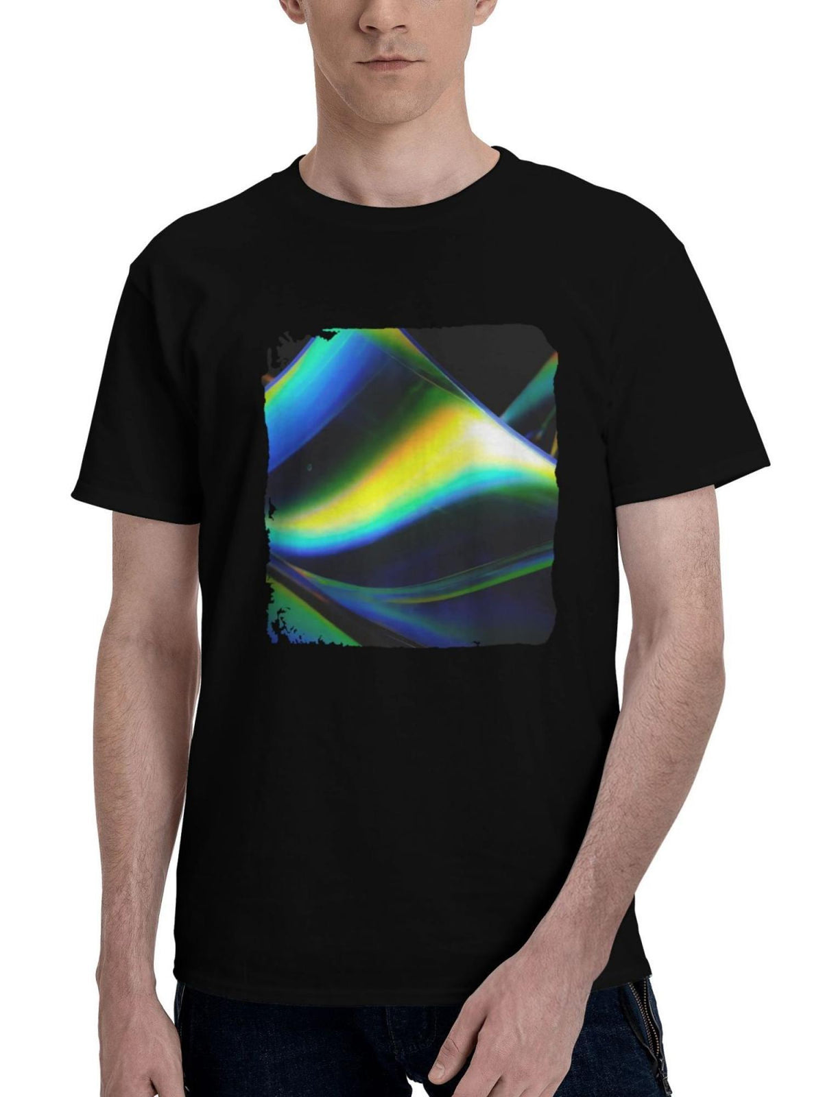 Luminous-Peaks Abstract 180G 100% Cotton Printed Round Neck Short-Sleeve T-Shirt, Christmas Gifts for Men Dad Husband Grandpa, S-XXXL, Black