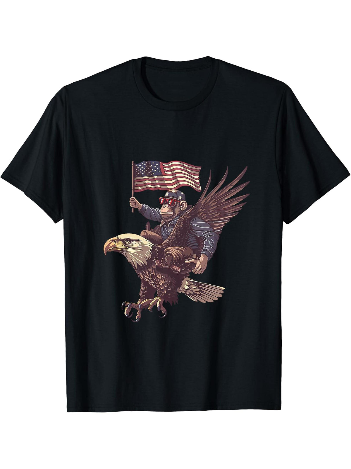 Funny Monkey Bald Eagle American Flag USA Fourth Of July T-Shirt 180G 100% Cotton Printed Round Neck Short-Sleeve T-Shirt, Gifts for Men Dad Husband Grandpa, S-XXXL, Black