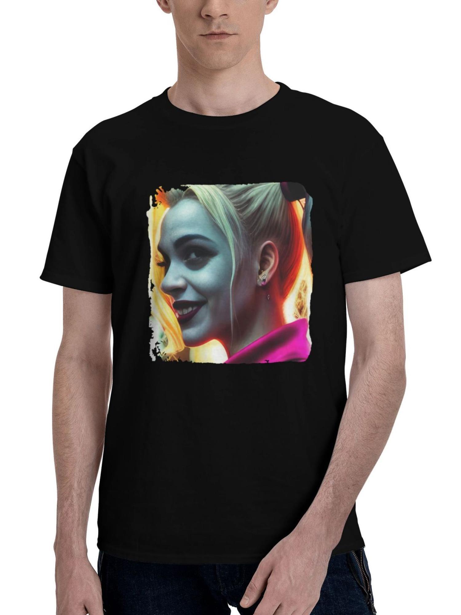 Harley-Quinn Smile 180G 100% Cotton Printed Round Neck Short-Sleeve T-Shirt, Christmas Gifts for Men Dad Husband Grandpa, S-XXXL, Black