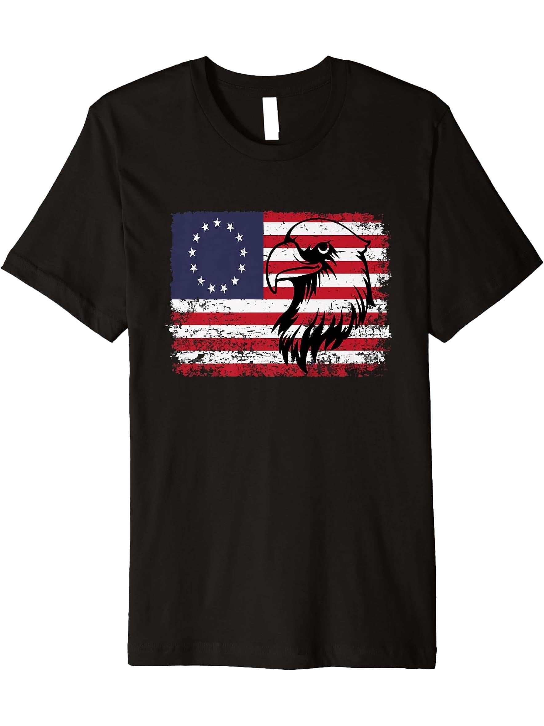 13 Star Flag Betsy Ross Distressed American Flag Bald Eagle Premium T-Shirt 180G 100% Cotton Printed Round Neck Short-Sleeve T-Shirt, Gifts for Men Dad Husband Grandpa, S-XXXL, Black