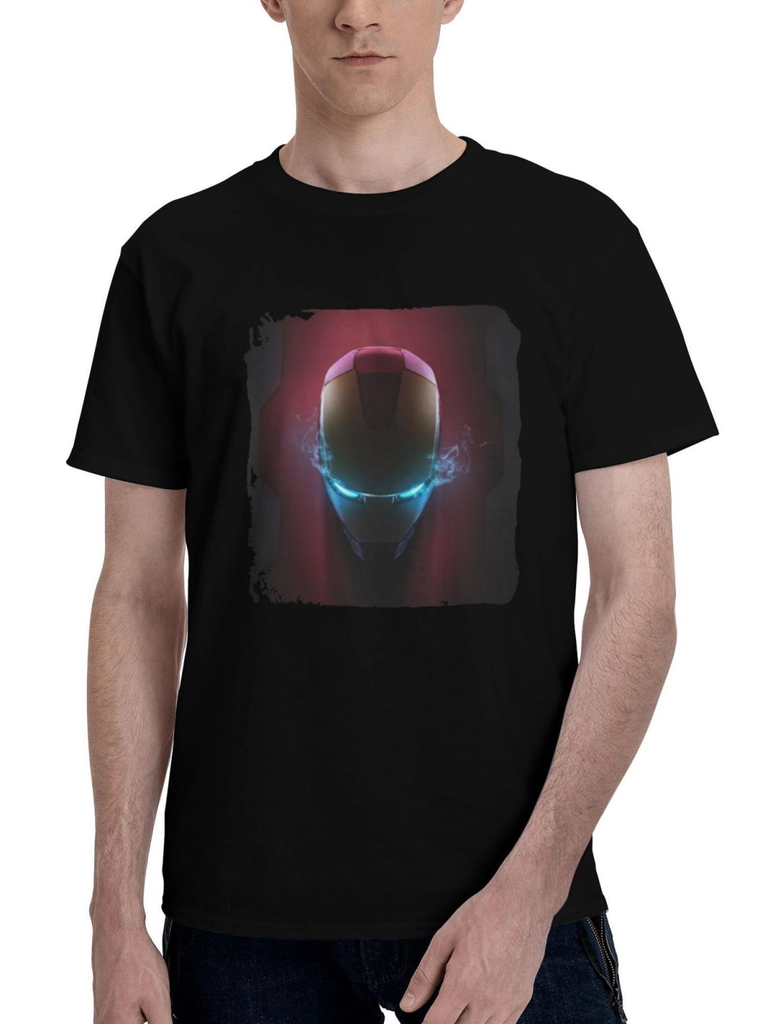 Glowing-Gaze Iron Man Minimal 180G 100% Cotton Printed Round Neck Short-Sleeve T-Shirt, Christmas Gifts for Men Dad Husband Grandpa, S-XXXL, Black