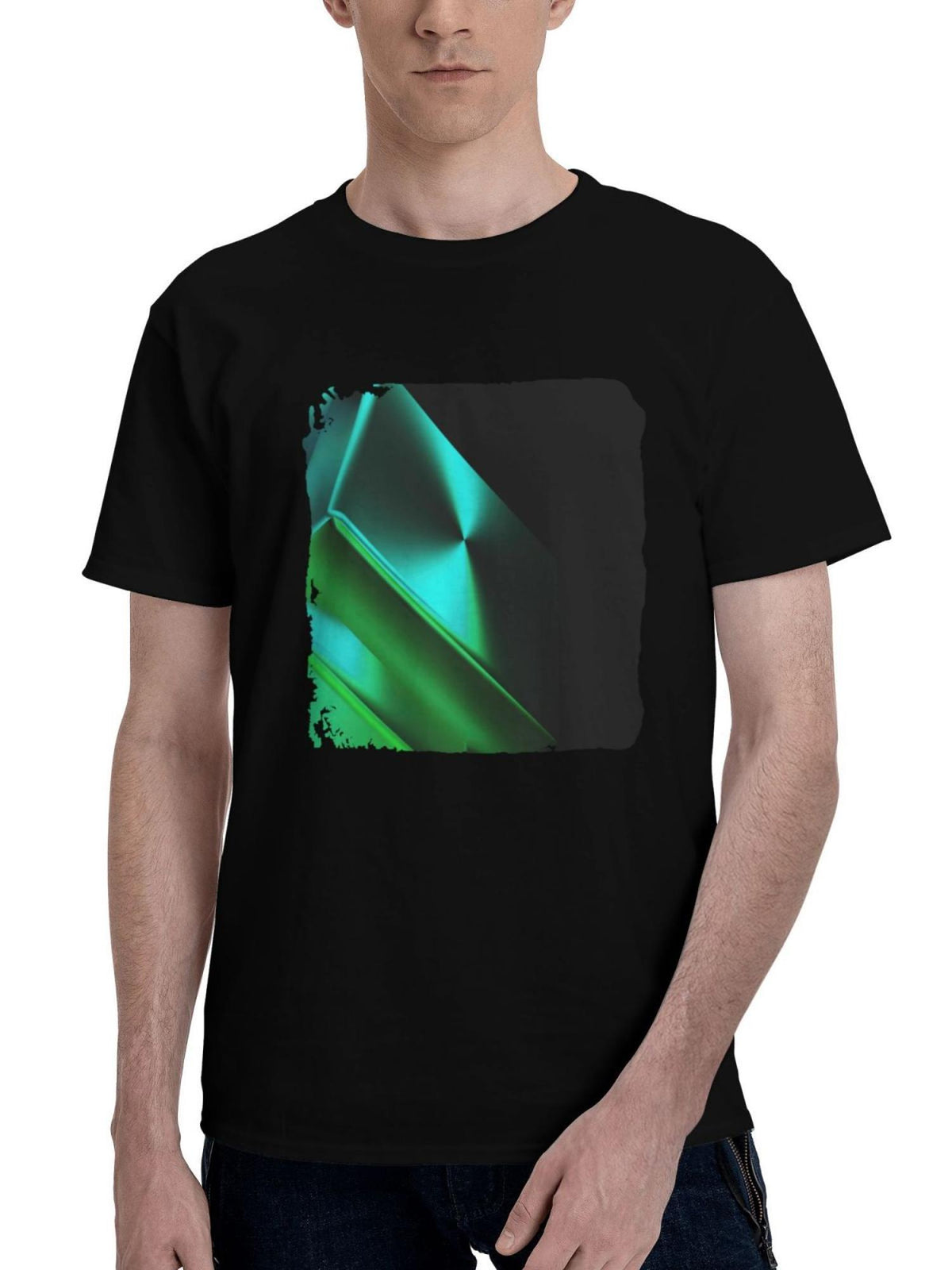 Glowing-Green Abstract Shapes 180G 100% Cotton Printed Round Neck Short-Sleeve T-Shirt, Christmas Gifts for Men Dad Husband Grandpa, S-XXXL, Black