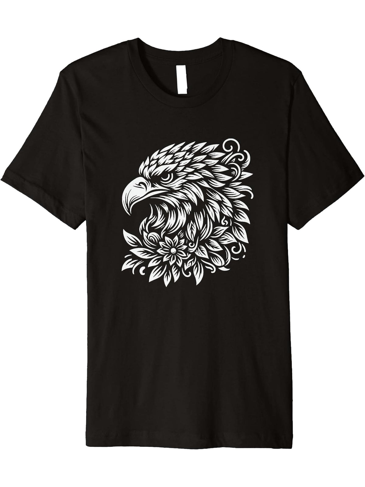 Floral Bald Eagle With Flowers Graphic Art Design Premium T-Shirt 180G 100% Cotton Printed Round Neck Short-Sleeve T-Shirt, Gifts for Men Dad Husband Grandpa, S-XXXL, Black