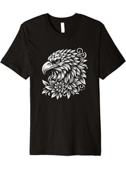 Floral Bald Eagle With Flowers Graphic Art Design Premium T-Shirt 180G 100% Cotton Printed Round Neck Short-Sleeve T-Shirt, Gifts for Men Dad Husband Grandpa, S-XXXL, Black
