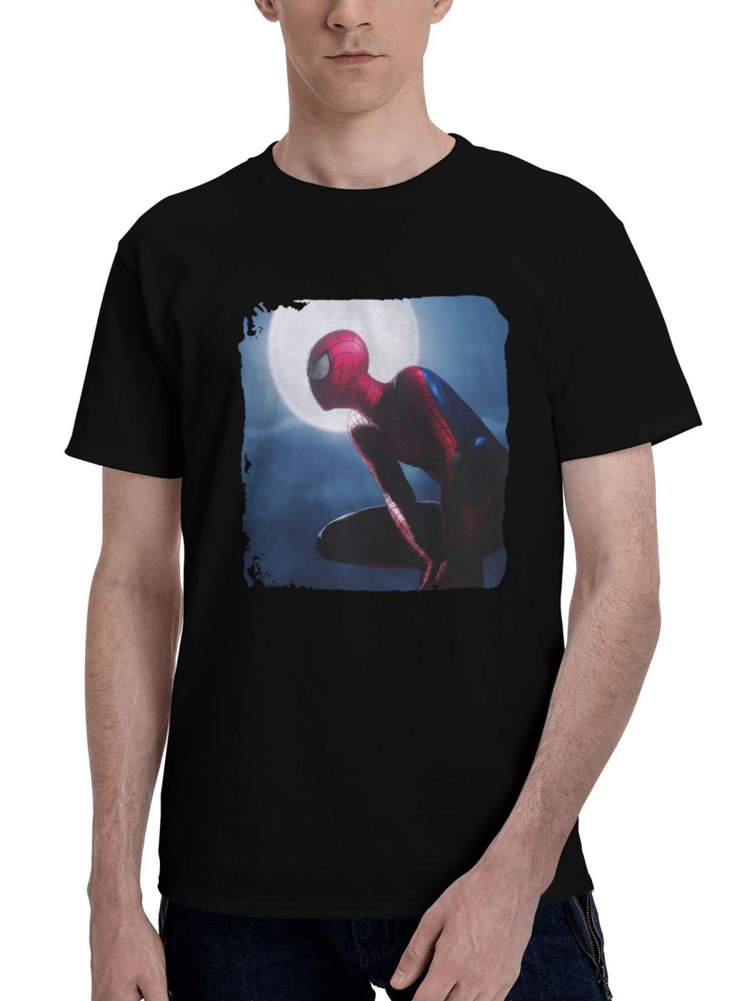 Marvels-Spider Man Remastered Moon 180G 100% Cotton Printed Round Neck Short-Sleeve T-Shirt, Christmas Gifts for Men Dad Husband Grandpa, S-XXXL, Black