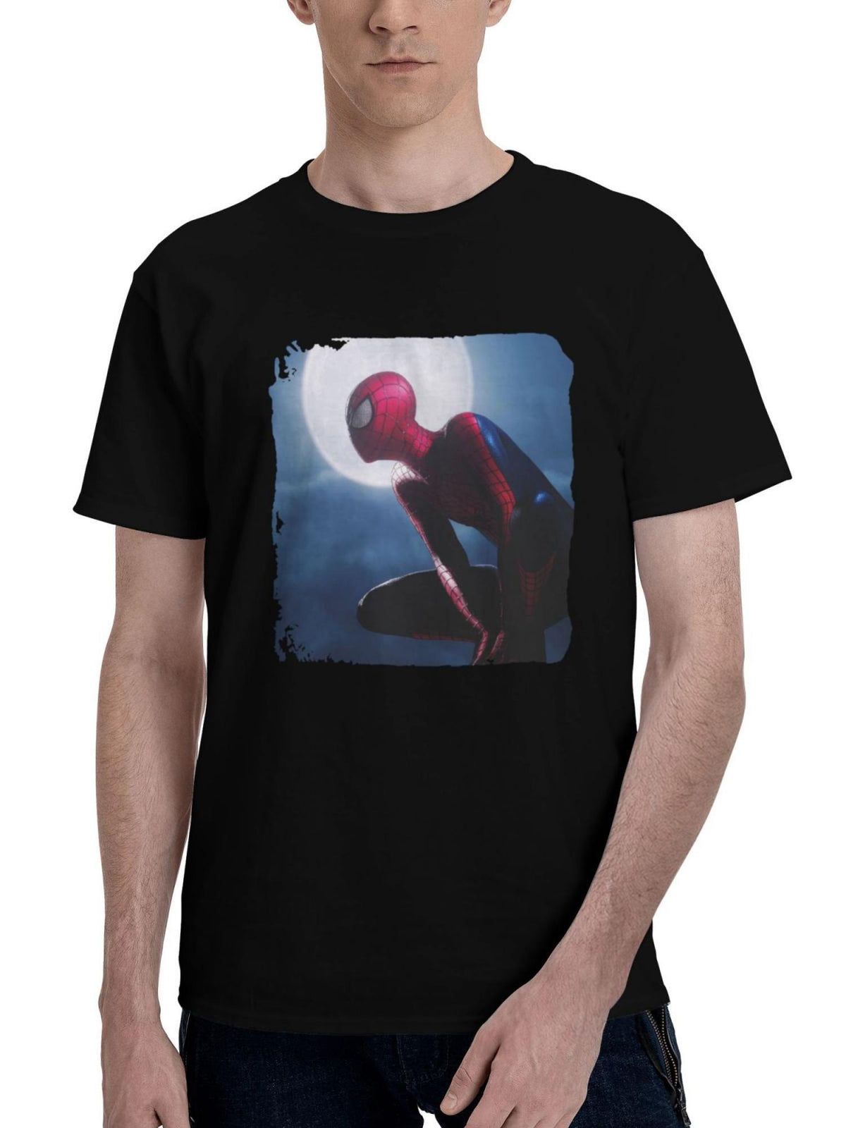 Marvels-Spider Man Remastered Moon 180G 100% Cotton Printed Round Neck Short-Sleeve T-Shirt, Christmas Gifts for Men Dad Husband Grandpa, S-XXXL, Black
