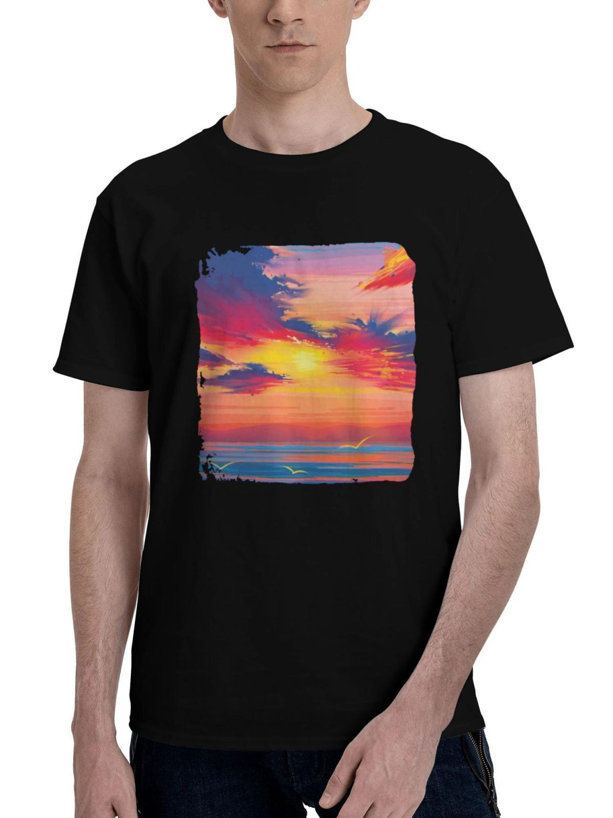 Landscape-Morning Sea Water Painting 180G 100% Cotton Printed Round Neck Short-Sleeve T-Shirt, Christmas Gifts for Men Dad Husband Grandpa, S-XXXL, Black