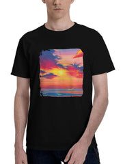 Landscape-Morning Sea Water Painting 180G 100% Cotton Printed Round Neck Short-Sleeve T-Shirt, Christmas Gifts for Men Dad Husband Grandpa, S-XXXL, Black