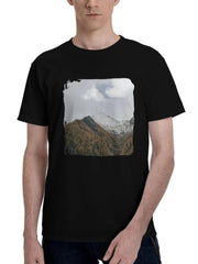Landscape-Mountains Dense Trees 180G 100% Cotton Printed Round Neck Short-Sleeve T-Shirt, Christmas Gifts for Men Dad Husband Grandpa, S-XXXL, Black