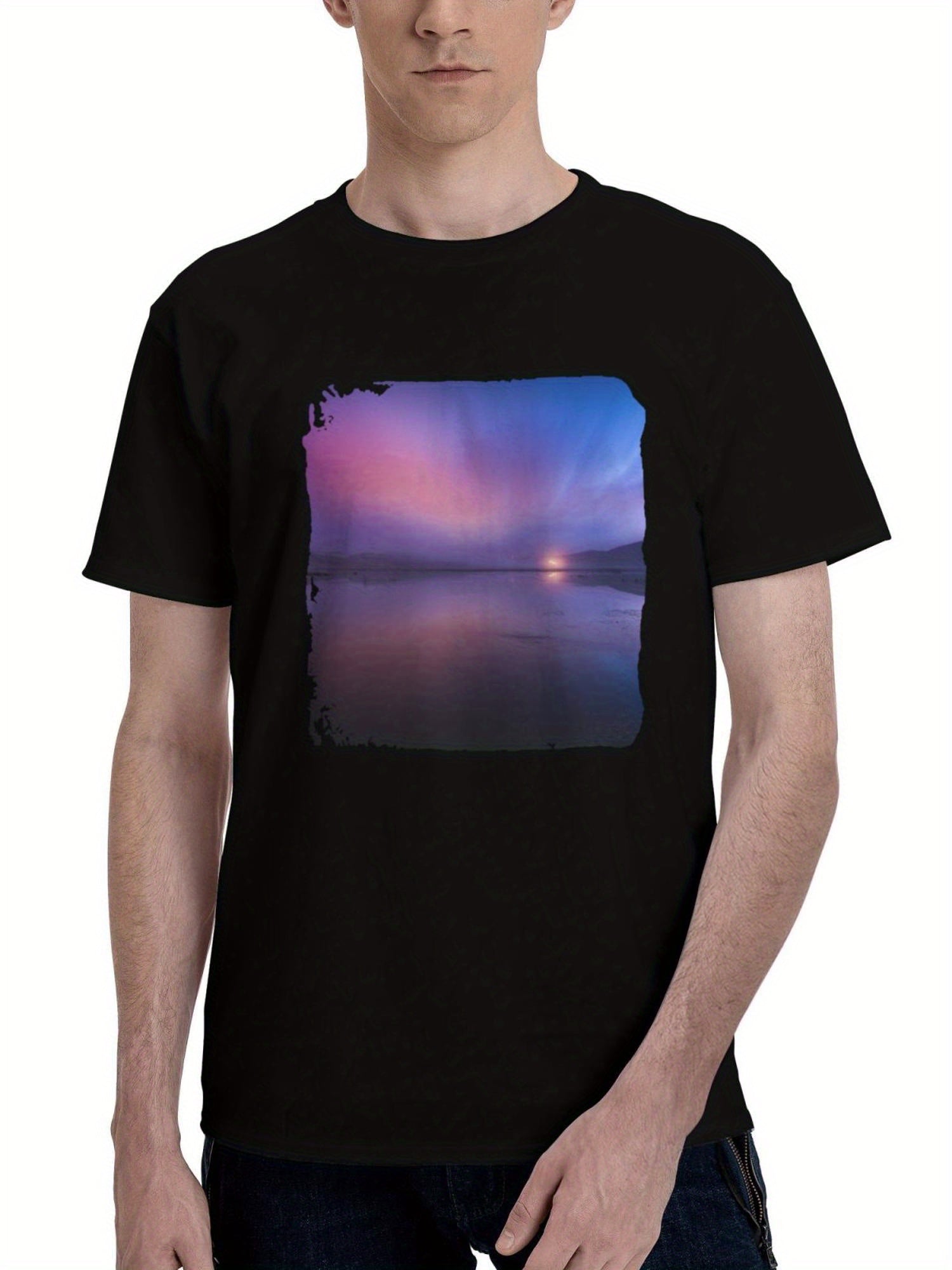 Landscape-Photography Of Body Of Water Under Dramatic Sky 180G 100% Cotton Printed Round Neck Short-Sleeve T-Shirt, Christmas Gifts for Men Dad Husband Grandpa, S-XXXL, Black