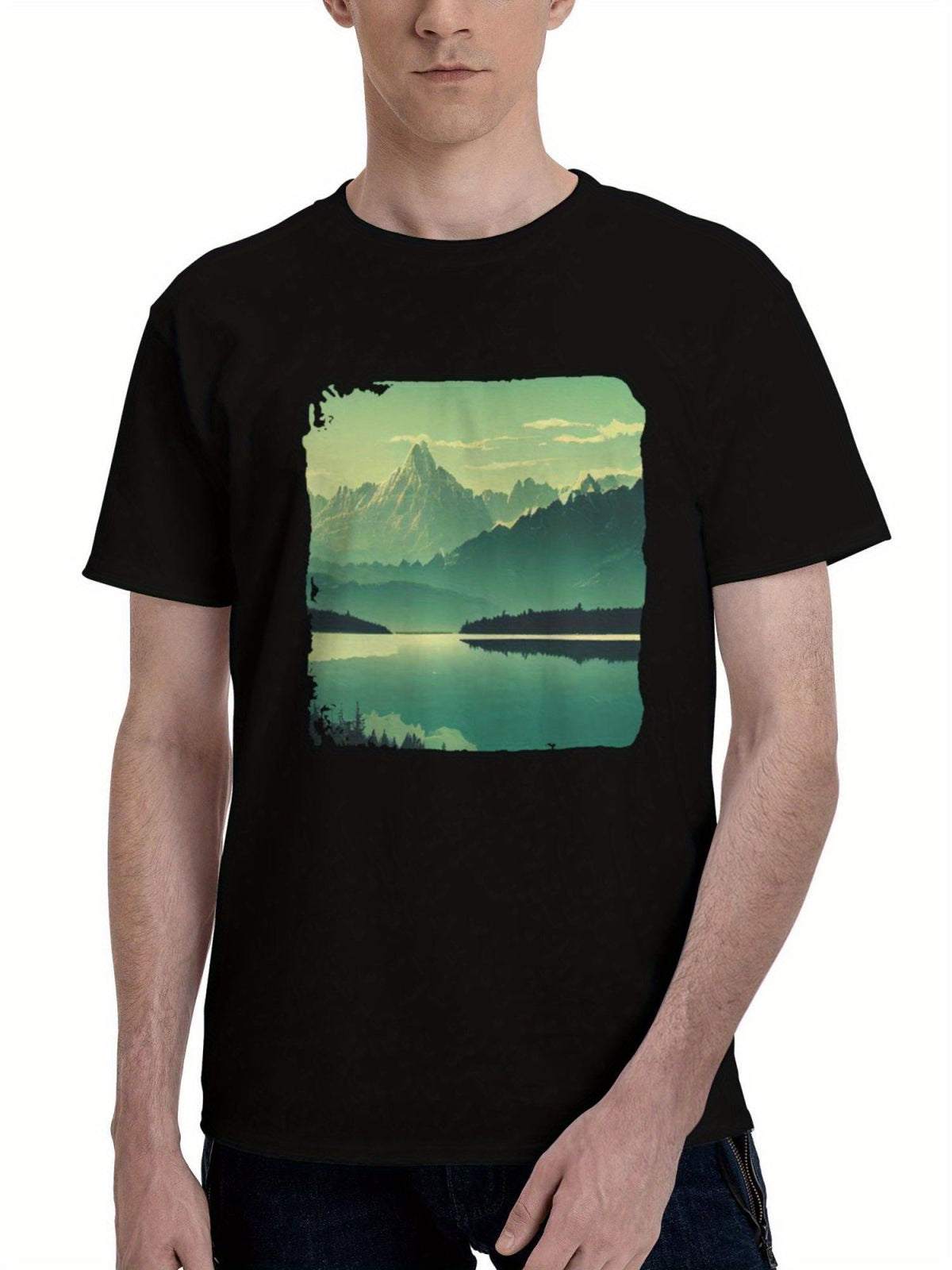 Landscape-Reflection Lake Trees 180G 100% Cotton Printed Round Neck Short-Sleeve T-Shirt, Christmas Gifts for Men Dad Husband Grandpa, S-XXXL, Black