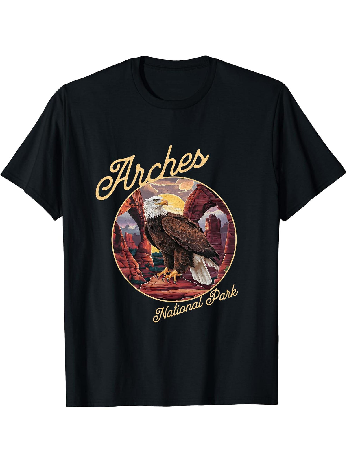 Bald Eagle at Arches National Park, Utah T-Shirt 180G 100% Cotton Printed Round Neck Short-Sleeve T-Shirt, Gifts for Men Dad Husband Grandpa, S-XXXL, Black