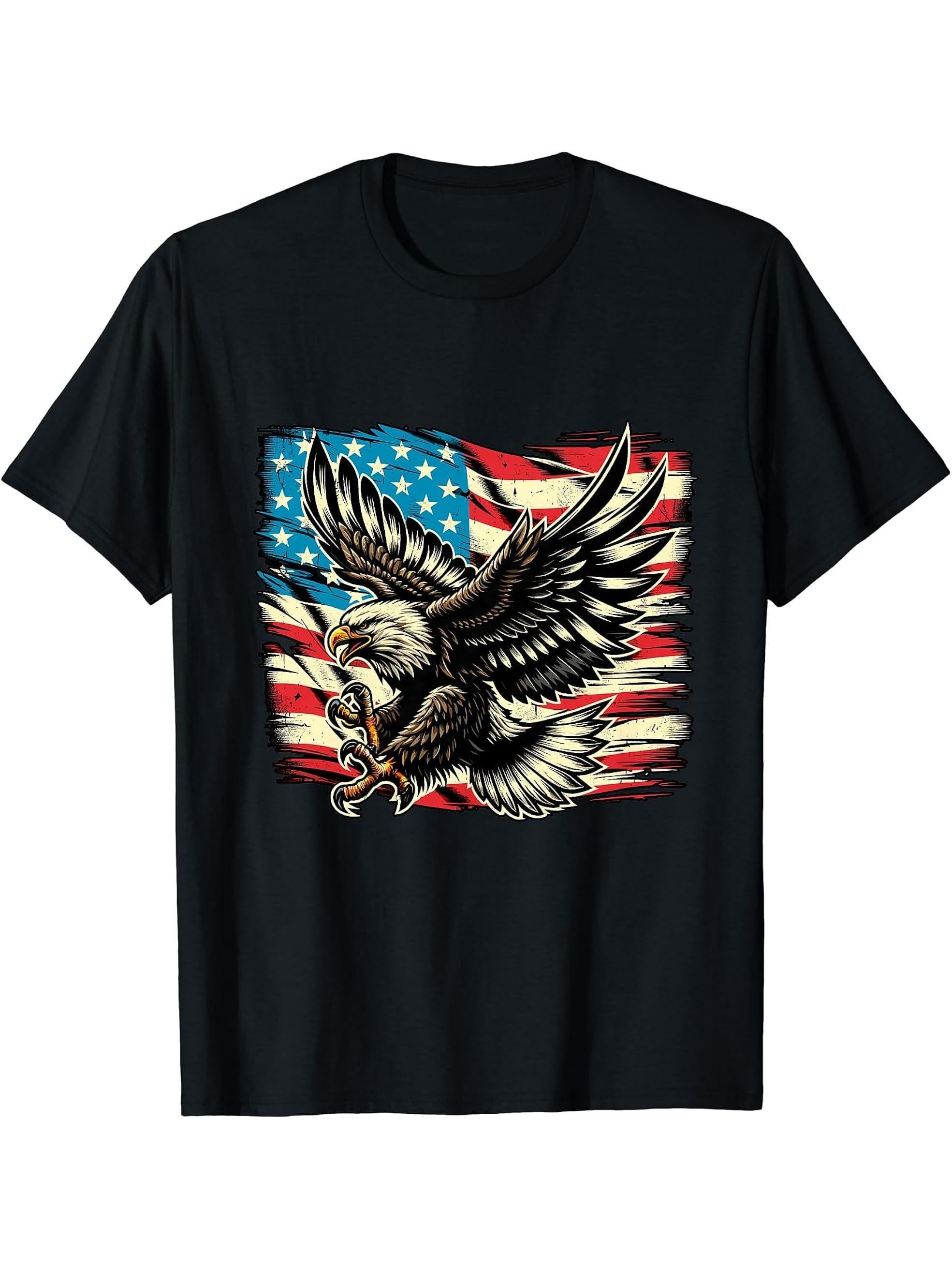 American Bald Eagle with USA Flag 4th of July T-Shirt 180G 100% Cotton Printed Round Neck Short-Sleeve T-Shirt, Gifts for Men Dad Husband Grandpa, S-XXXL, Black