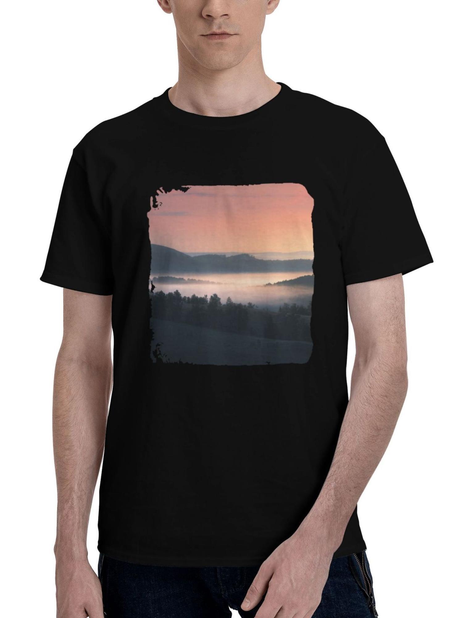 Landscape-With Trees And Fog 180G 100% Cotton Printed Round Neck Short-Sleeve T-Shirt, Christmas Gifts for Men Dad Husband Grandpa, S-XXXL, Black