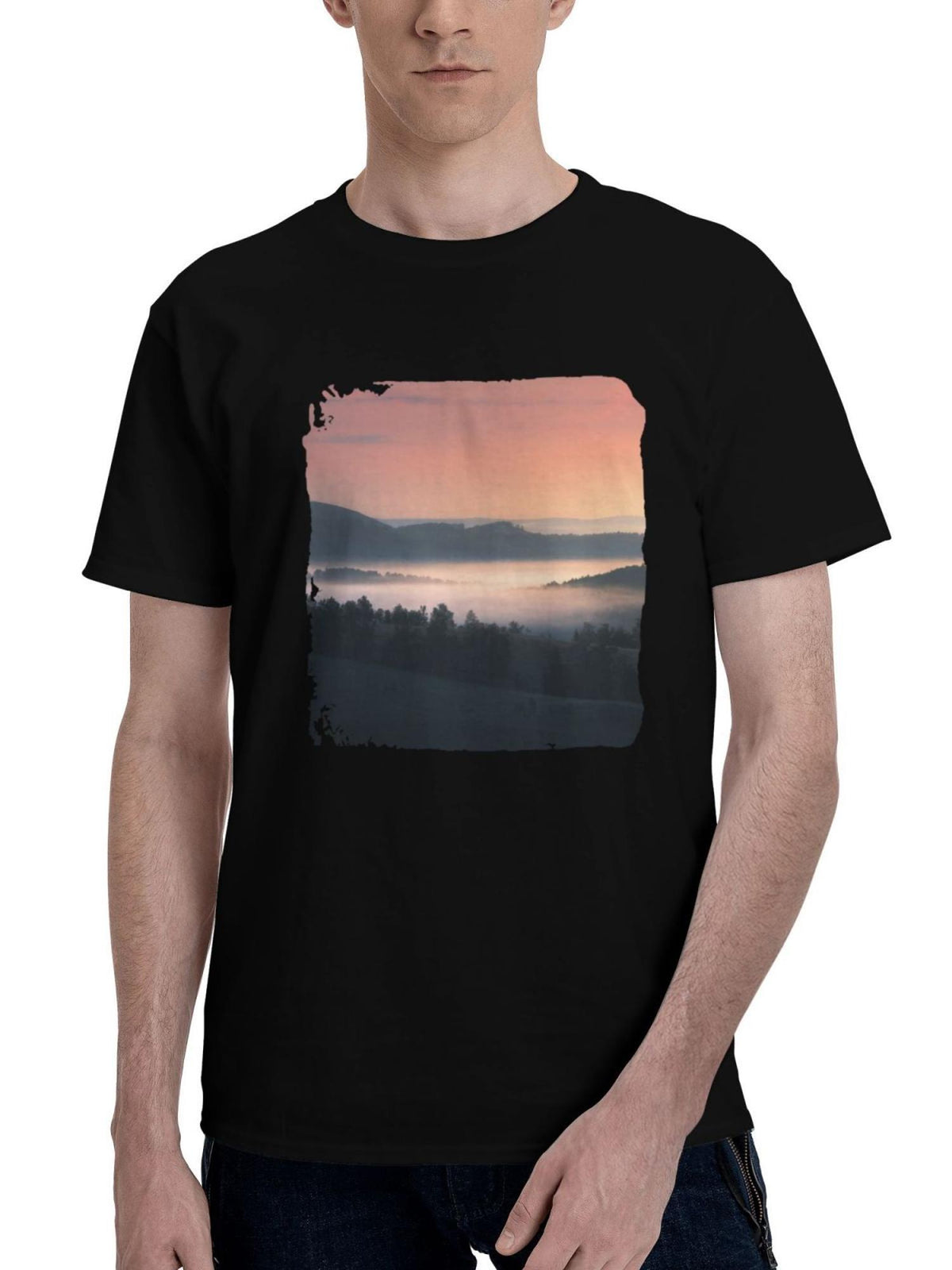Landscape-With Trees And Fog 180G 100% Cotton Printed Round Neck Short-Sleeve T-Shirt, Christmas Gifts for Men Dad Husband Grandpa, S-XXXL, Black