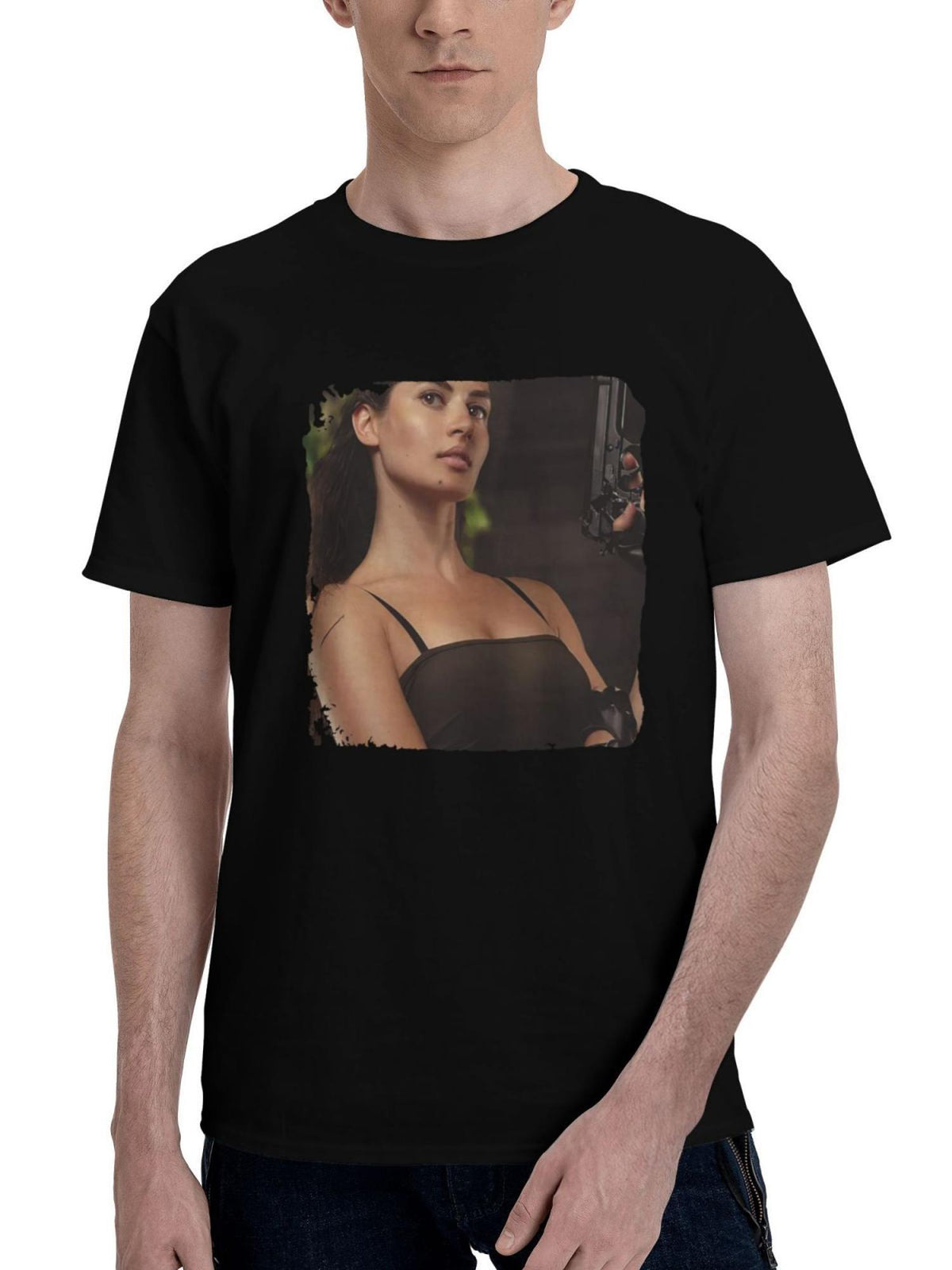 Lara-Croft Cosplay Girl 180G 100% Cotton Printed Round Neck Short-Sleeve T-Shirt, Christmas Gifts for Men Dad Husband Grandpa, S-XXXL, Black