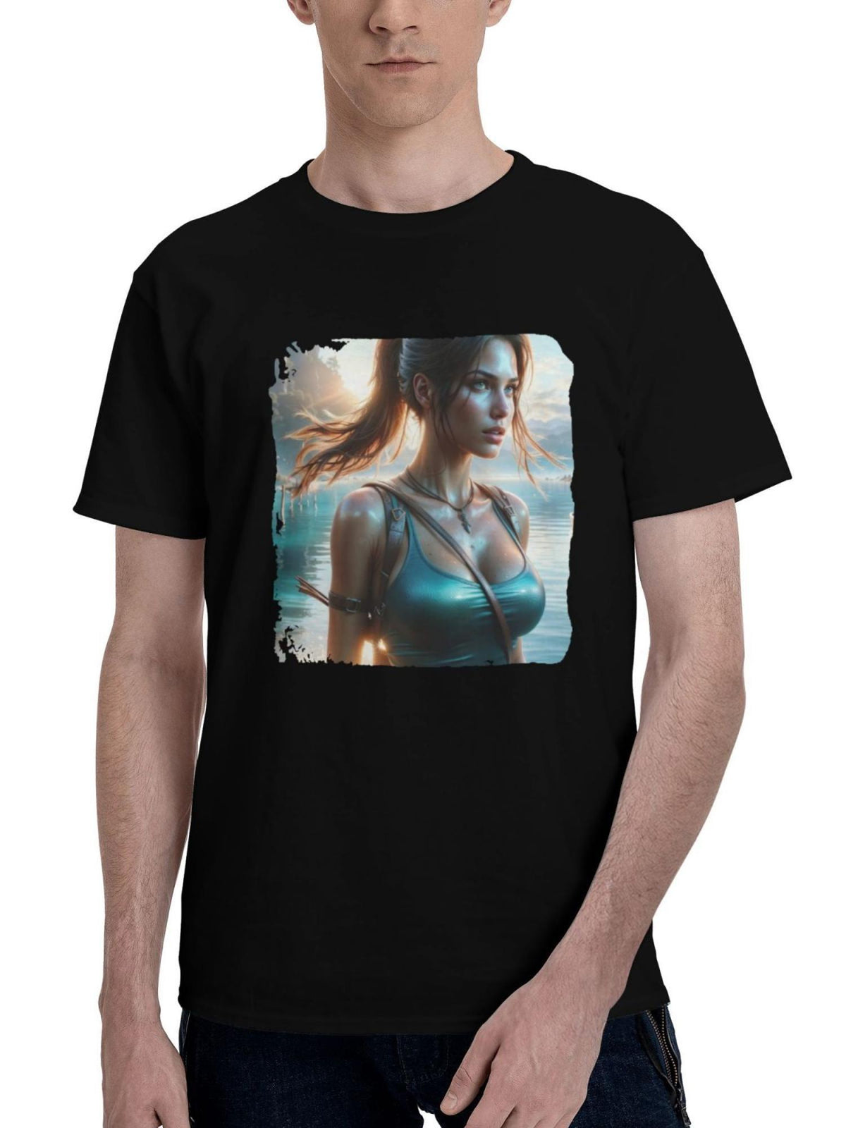 Lara-Croft In All Her Glory 180G 100% Cotton Printed Round Neck Short-Sleeve T-Shirt, Christmas Gifts for Men Dad Husband Grandpa, S-XXXL, Black