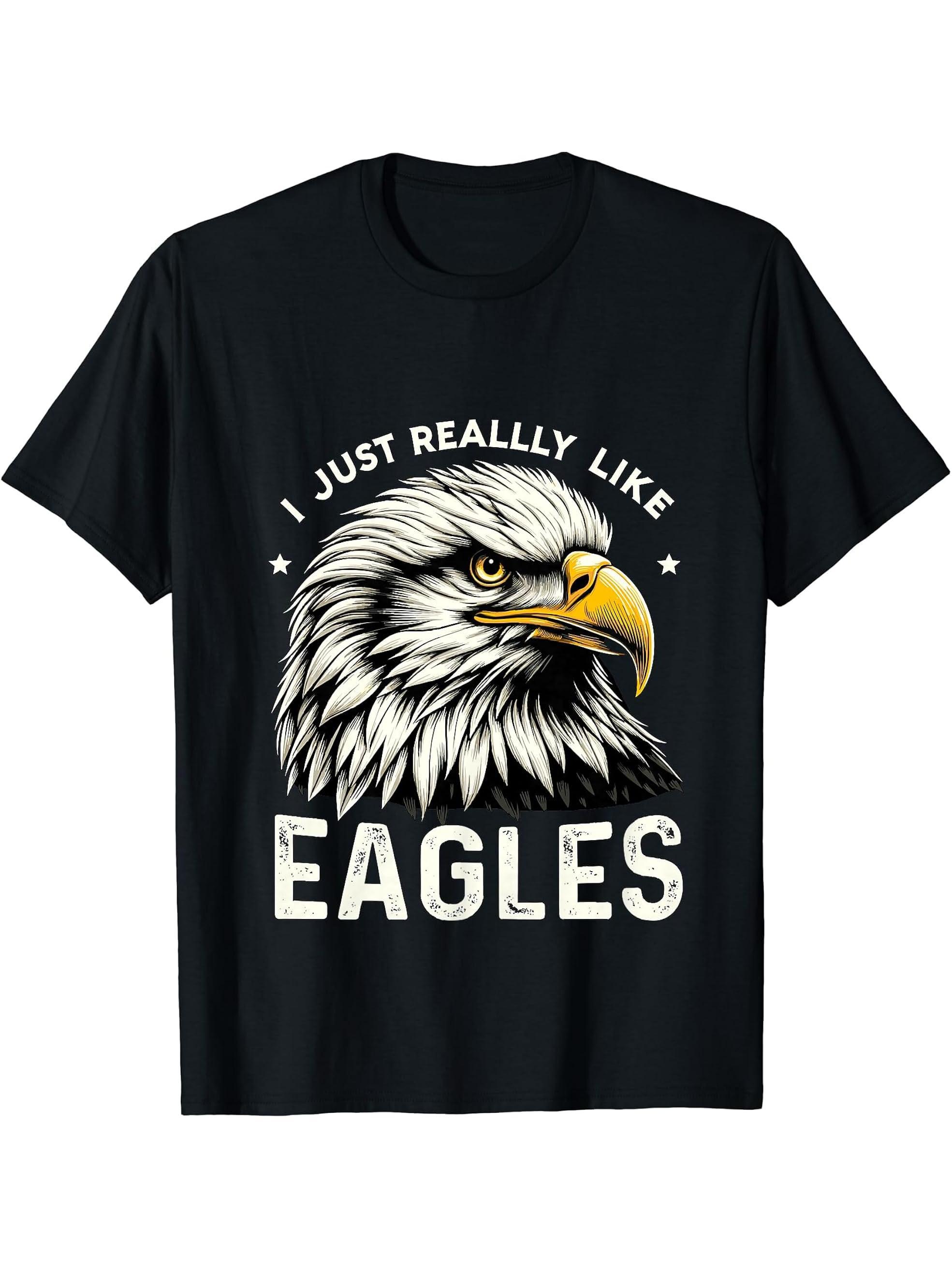 American Bald Eagle I just really like Eagles 4th of July T-Shirt 180G 100% Cotton Printed Round Neck Short-Sleeve T-Shirt, Gifts for Men Dad Husband Grandpa, S-XXXL, Black