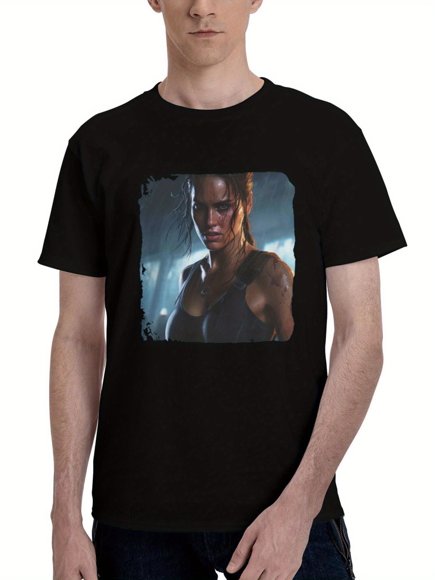 Lara-Croft In Tomb Raider 180G 100% Cotton Printed Round Neck Short-Sleeve T-Shirt, Christmas Gifts for Men Dad Husband Grandpa, S-XXXL, Black