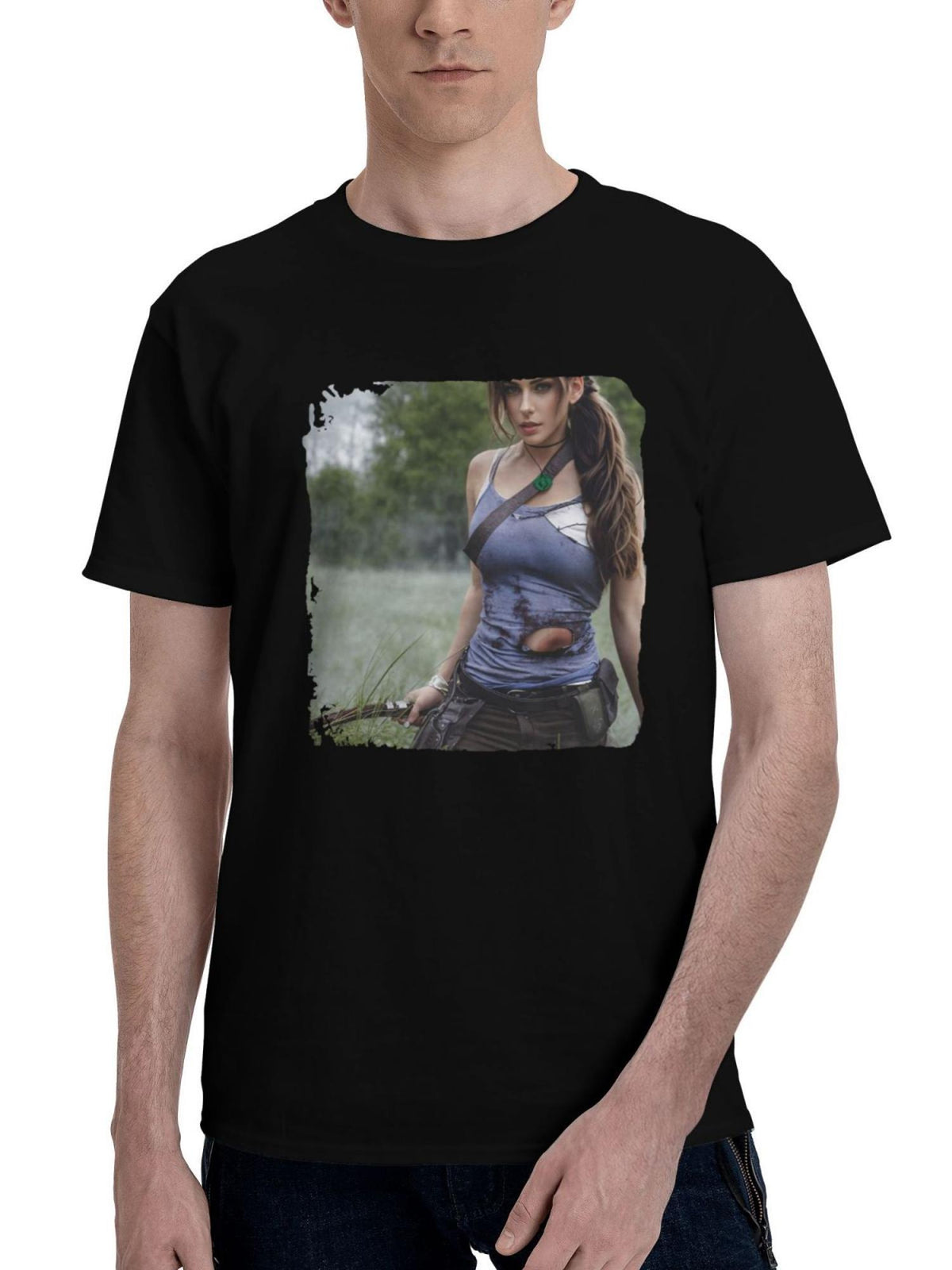 Lara-Croft Tomb Raider Cosplay 180G 100% Cotton Printed Round Neck Short-Sleeve T-Shirt, Christmas Gifts for Men Dad Husband Grandpa, S-XXXL, Black