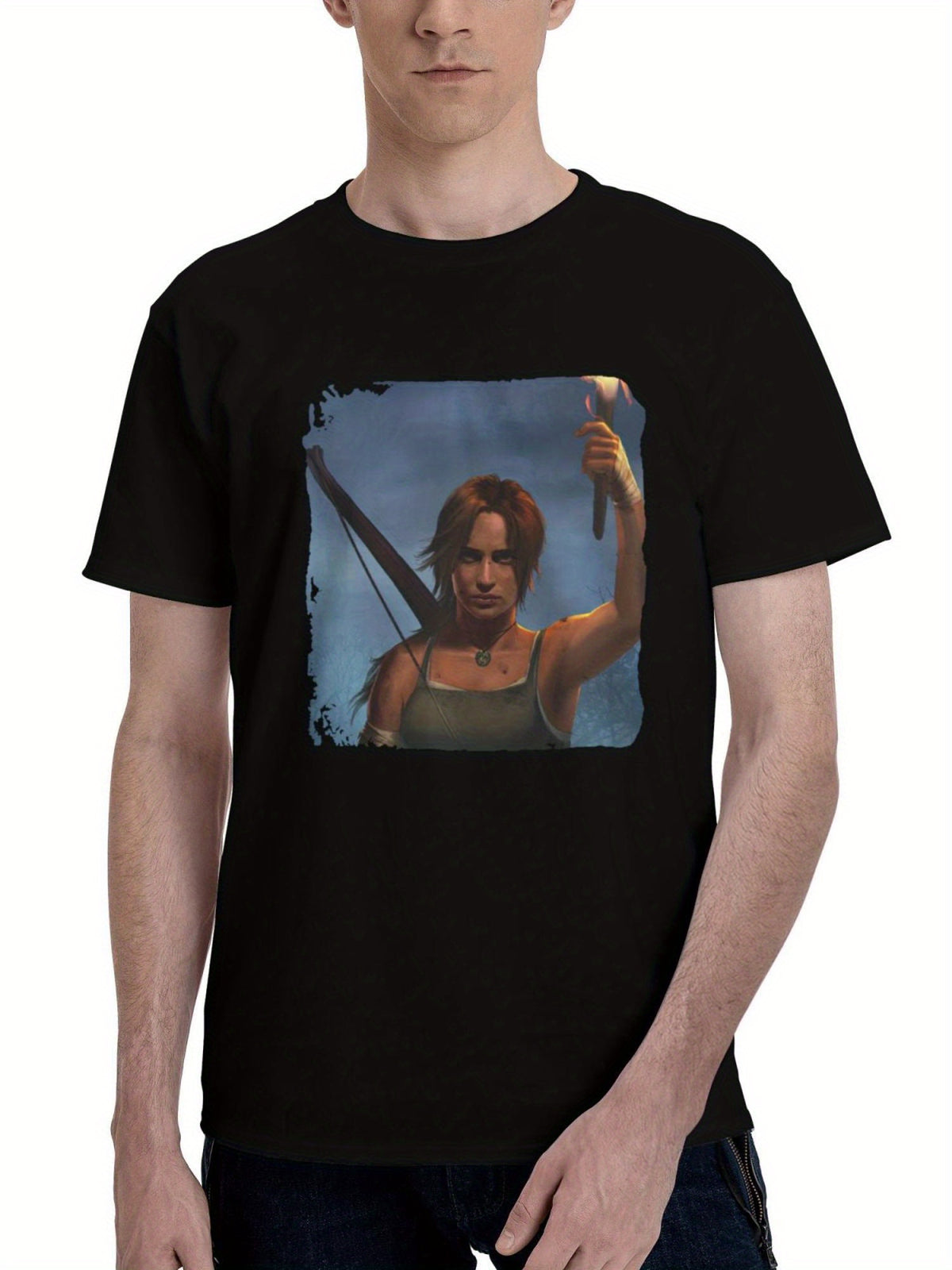 Lara-Croft With Flame In Hand 180G 100% Cotton Printed Round Neck Short-Sleeve T-Shirt, Christmas Gifts for Men Dad Husband Grandpa, S-XXXL, Black
