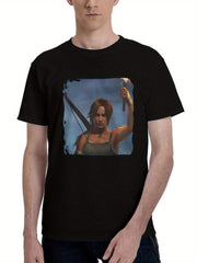 Lara-Croft With Flame In Hand 180G 100% Cotton Printed Round Neck Short-Sleeve T-Shirt, Christmas Gifts for Men Dad Husband Grandpa, S-XXXL, Black