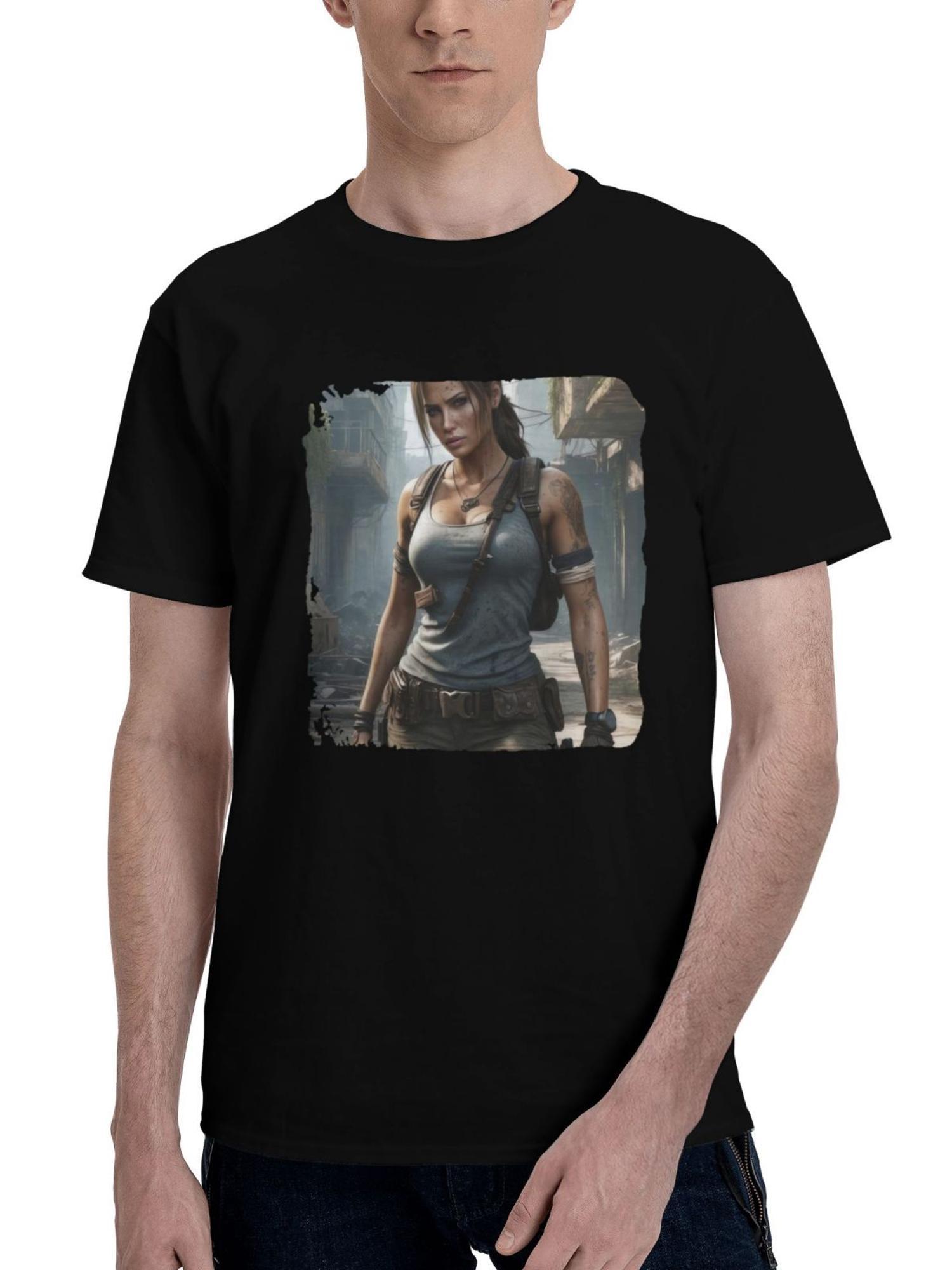 Lara-Croft 180G 100% Cotton Printed Round Neck Short-Sleeve T-Shirt, Christmas Gifts for Men Dad Husband Grandpa, S-XXXL, Black