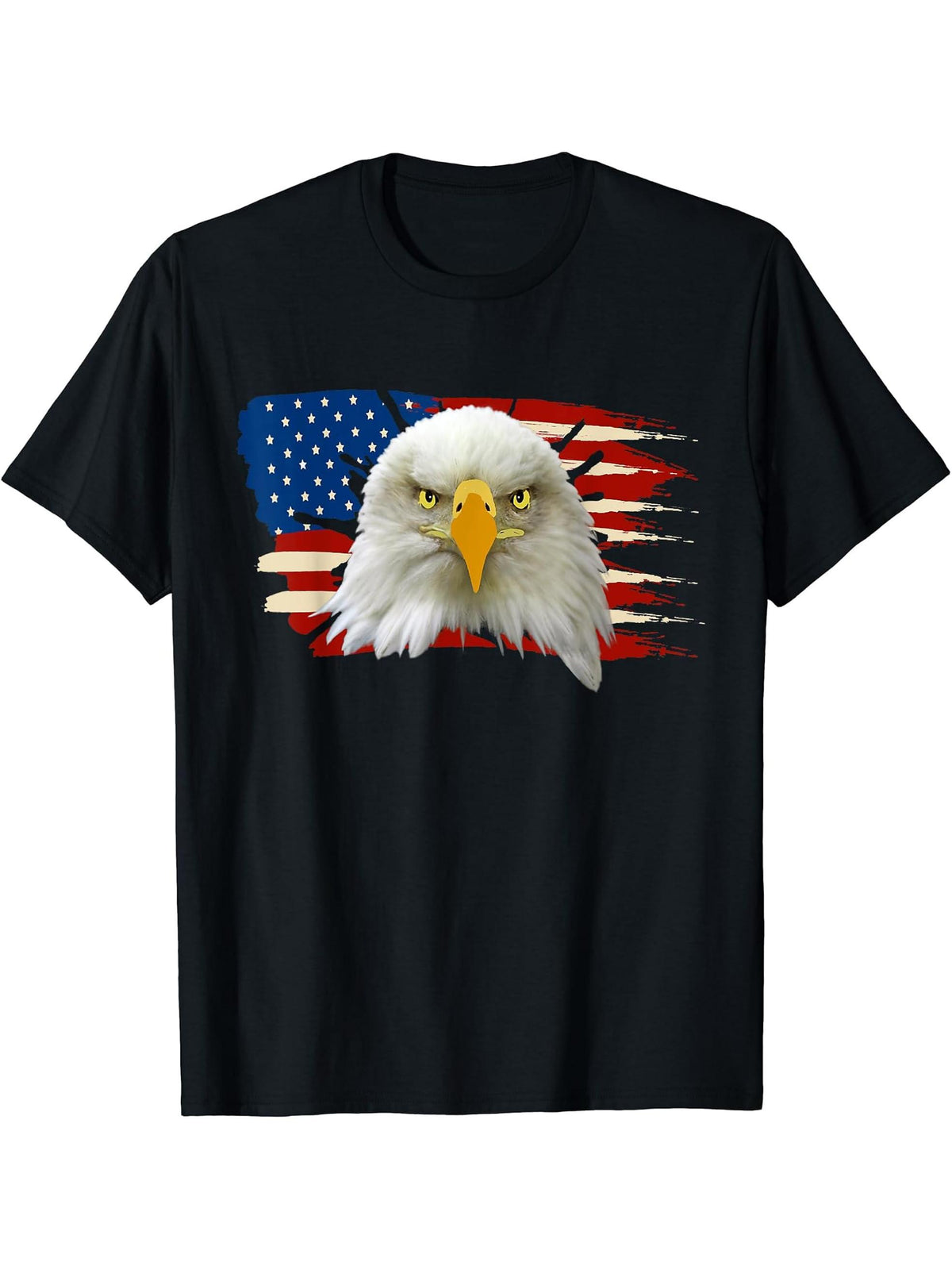 Bald Eagle Proud Patriotic American US Flag 4th Of July T-Shirt 180G 100% Cotton Printed Round Neck Short-Sleeve T-Shirt, Gifts for Men Dad Husband Grandpa, S-XXXL, Black