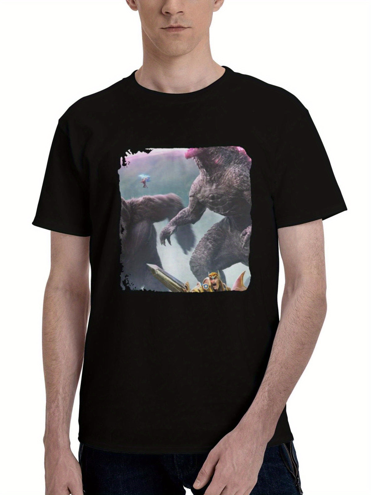 Lords-Mobile Ft Godzilla X Kong 180G 100% Cotton Printed Round Neck Short-Sleeve T-Shirt, Christmas Gifts for Men Dad Husband Grandpa, S-XXXL, Black