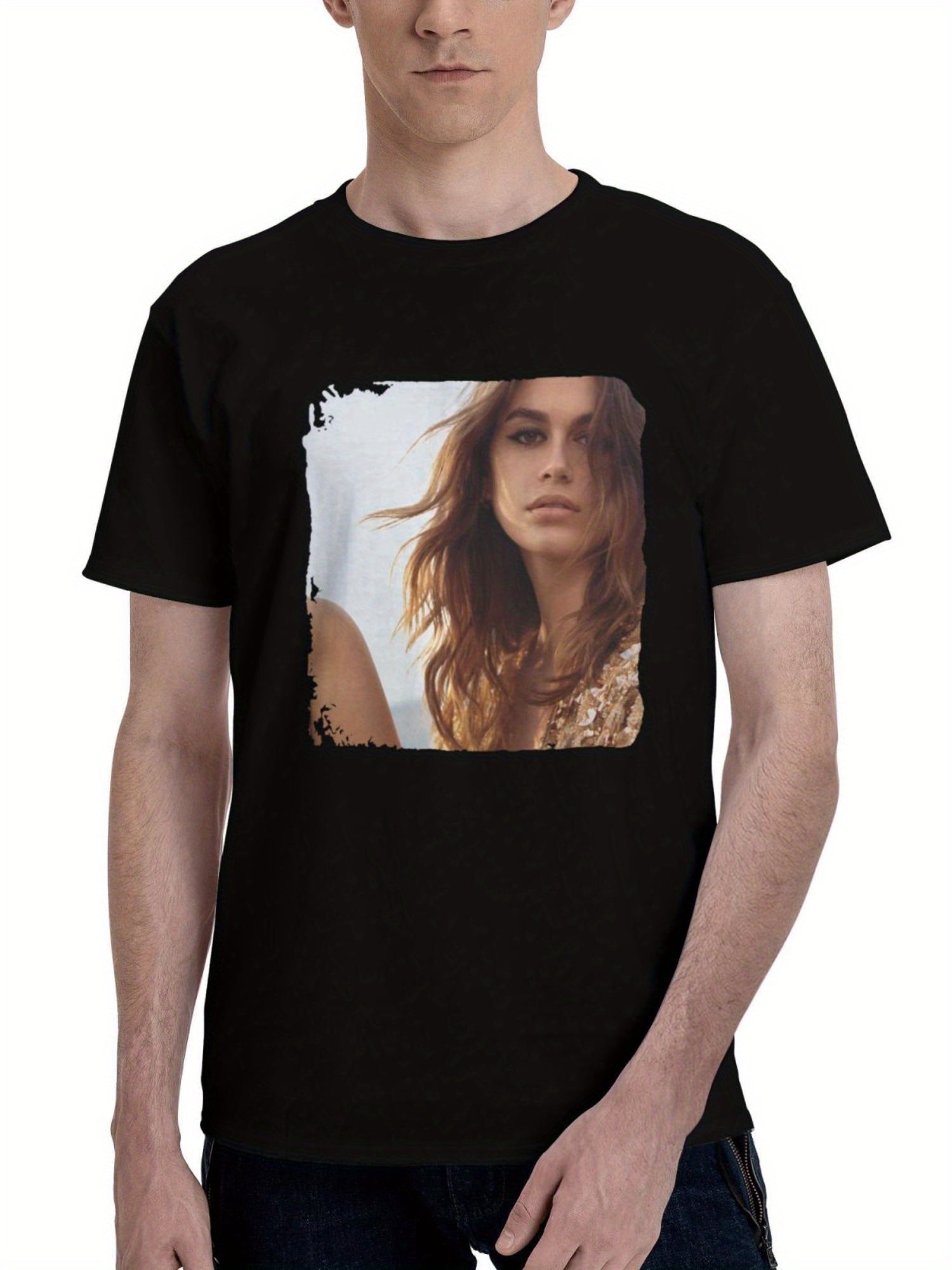 Kaia-Gerber 180G 100% Cotton Printed Round Neck Short-Sleeve T-Shirt, Christmas Gifts for Men Dad Husband Grandpa, S-XXXL, Black