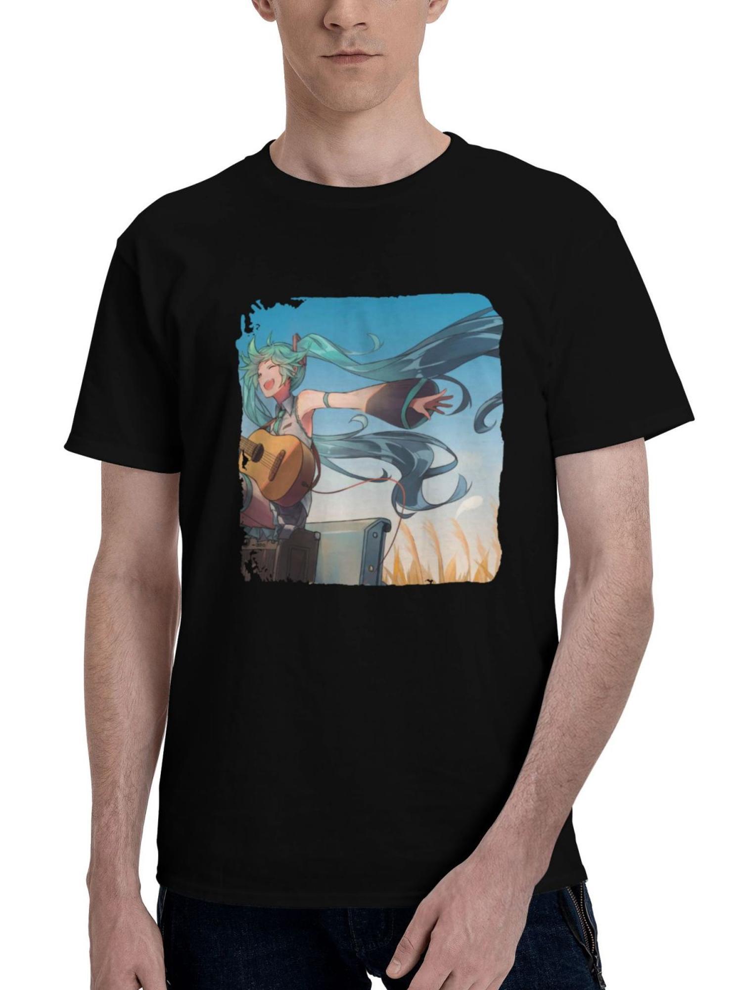 Hatsune-Miku Vocalid 180G 100% Cotton Printed Round Neck Short-Sleeve T-Shirt, Christmas Gifts for Men Dad Husband Grandpa, S-XXXL, Black