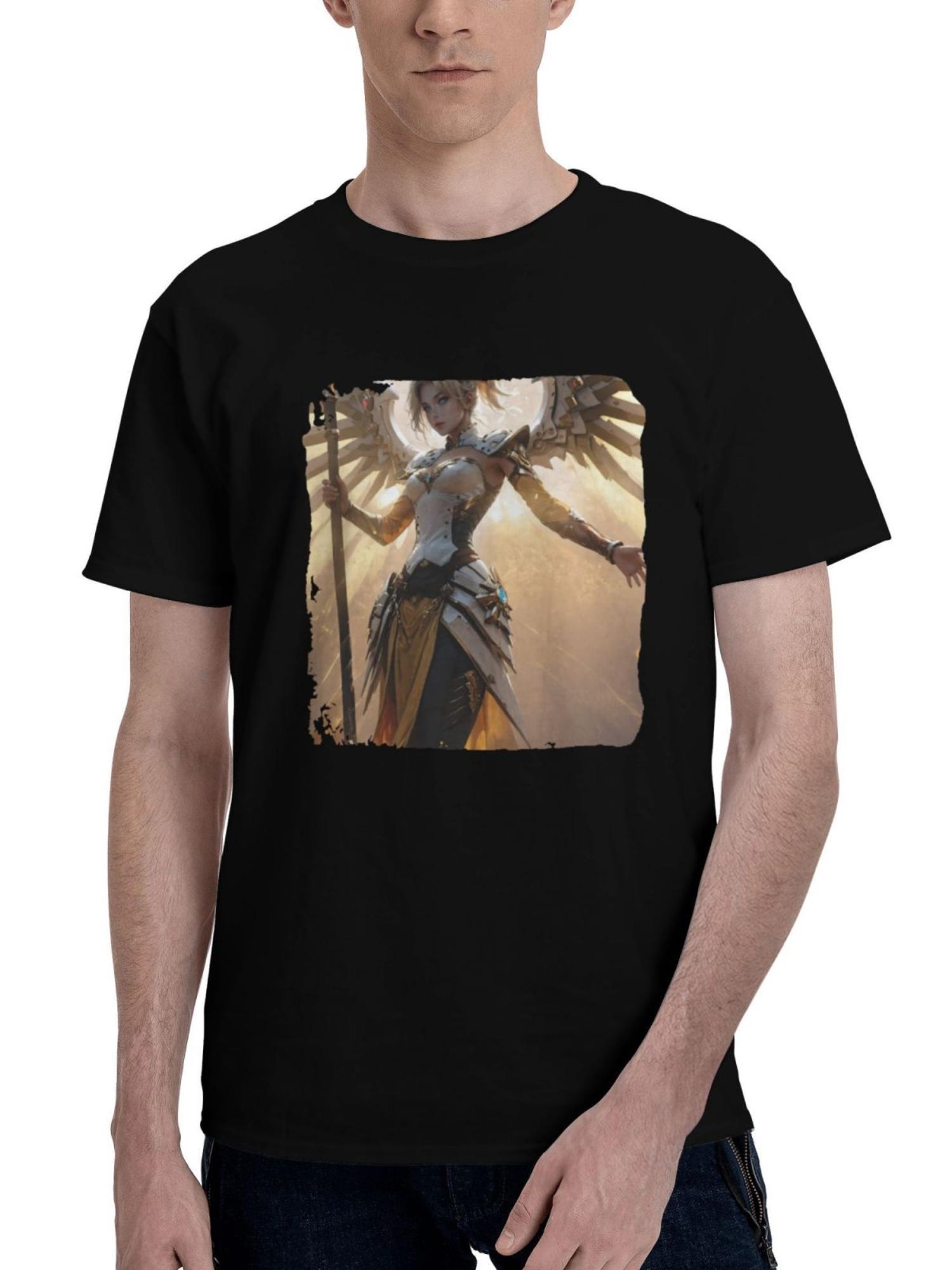 Mercy-Overwatch Celestial Healer 180G 100% Cotton Printed Round Neck Short-Sleeve T-Shirt, Christmas Gifts for Men Dad Husband Grandpa, S-XXXL, Black