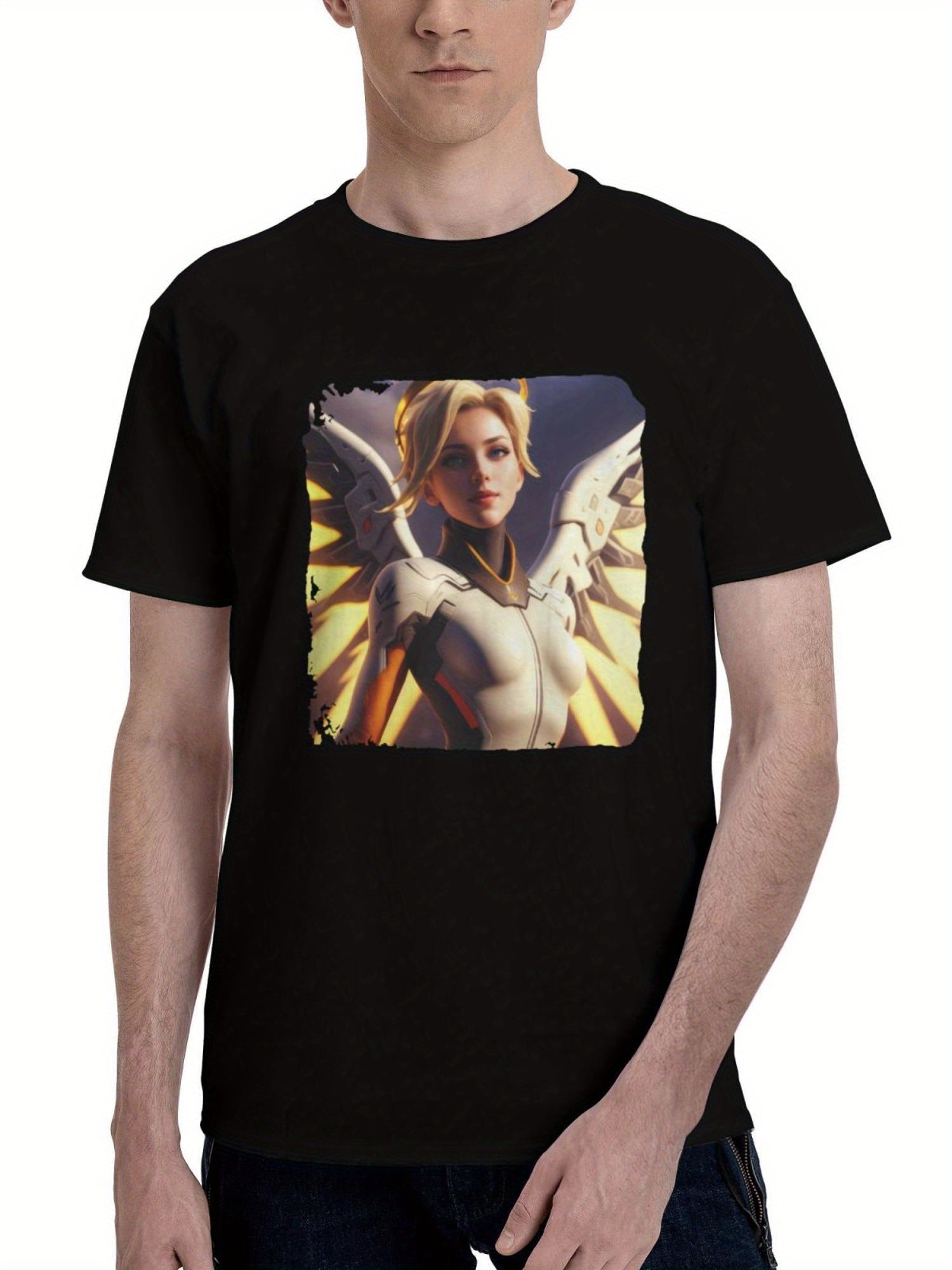 Mercy-Overwatch The Swiss Angel 180G 100% Cotton Printed Round Neck Short-Sleeve T-Shirt, Christmas Gifts for Men Dad Husband Grandpa, S-XXXL, Black