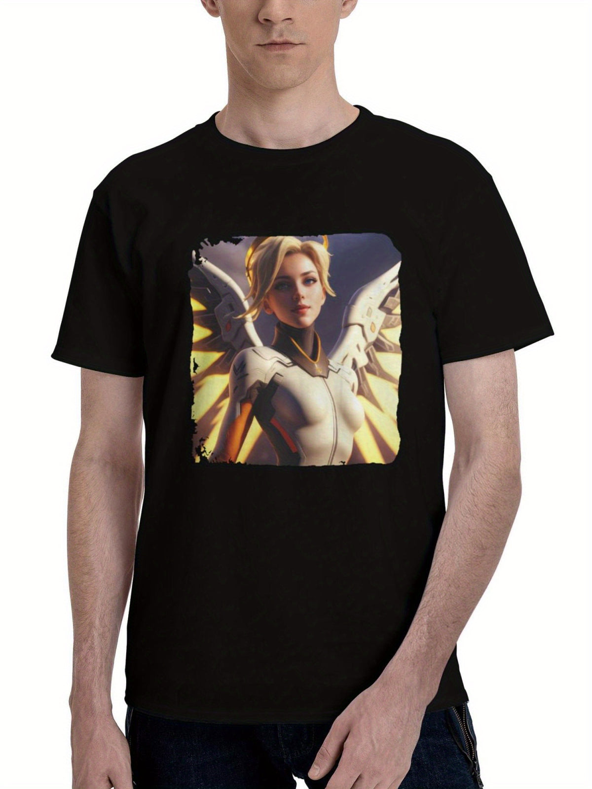 Mercy-Overwatch The Swiss Angel 180G 100% Cotton Printed Round Neck Short-Sleeve T-Shirt, Christmas Gifts for Men Dad Husband Grandpa, S-XXXL, Black