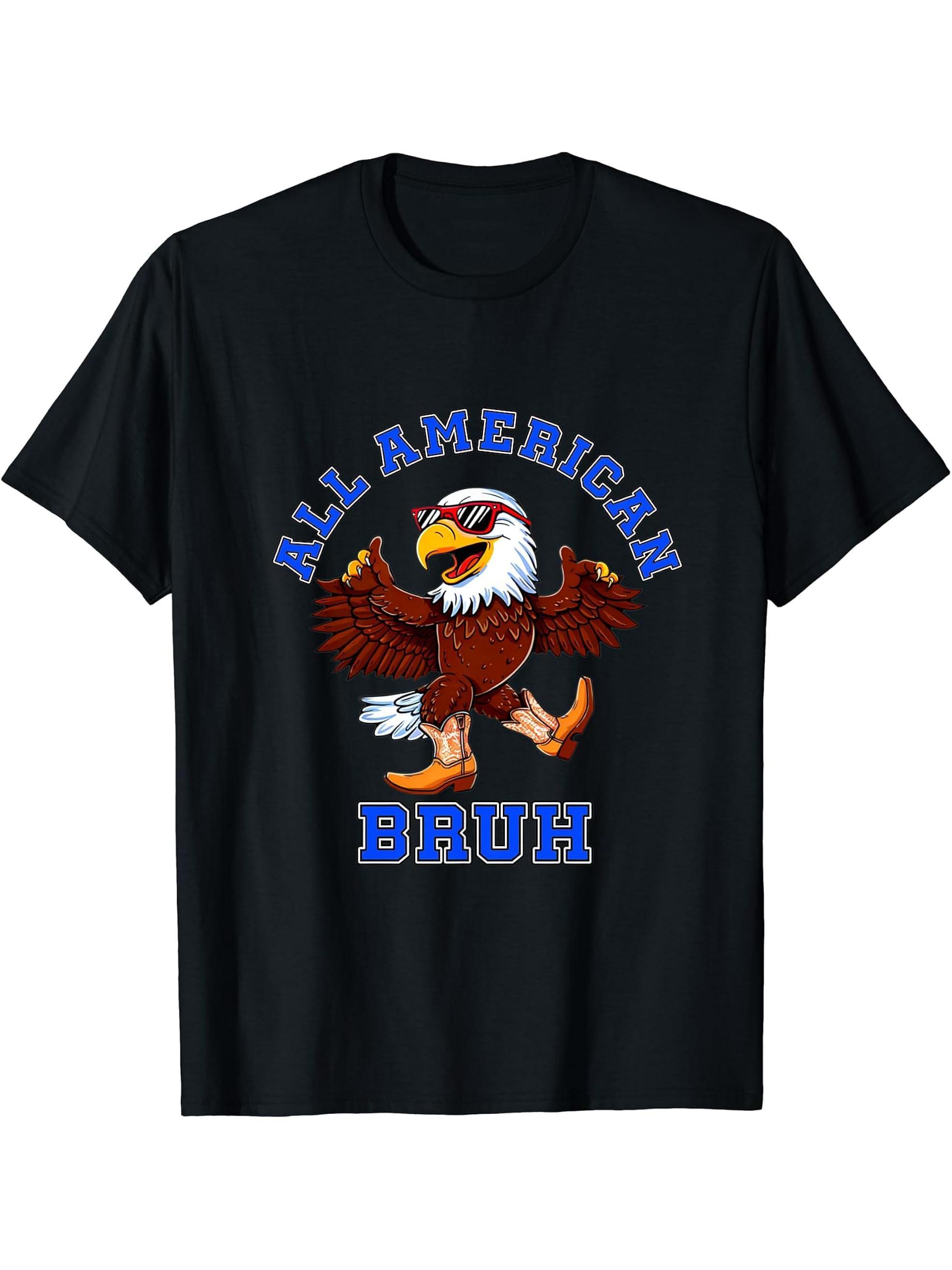 All American Bruh Bald Eagle Sunglasses Boots 4th Of July T-Shirt 180G 100% Cotton Printed Round Neck Short-Sleeve T-Shirt, Gifts for Men Dad Husband Grandpa, S-XXXL, Black