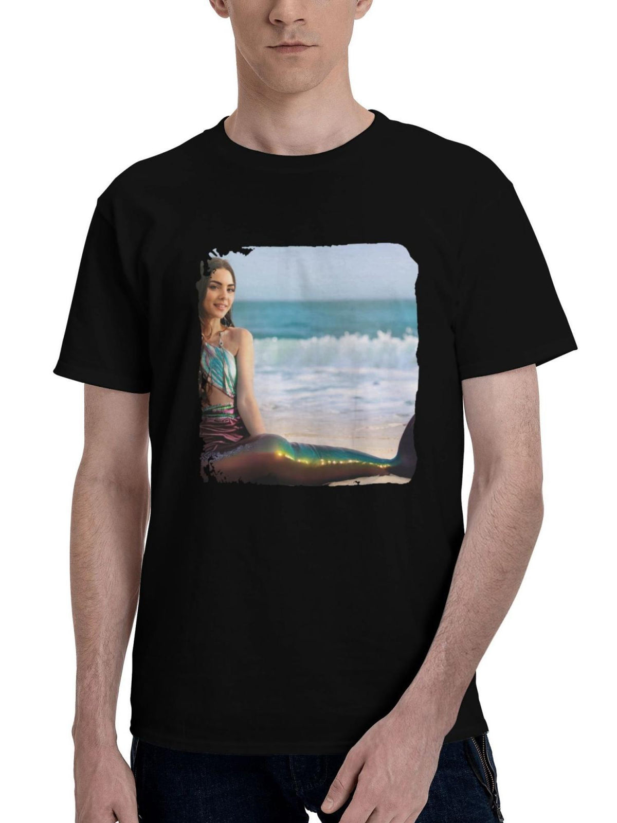 Mermaid-Brunette 180G 100% Cotton Printed Round Neck Short-Sleeve T-Shirt, Christmas Gifts for Men Dad Husband Grandpa, S-XXXL, Black