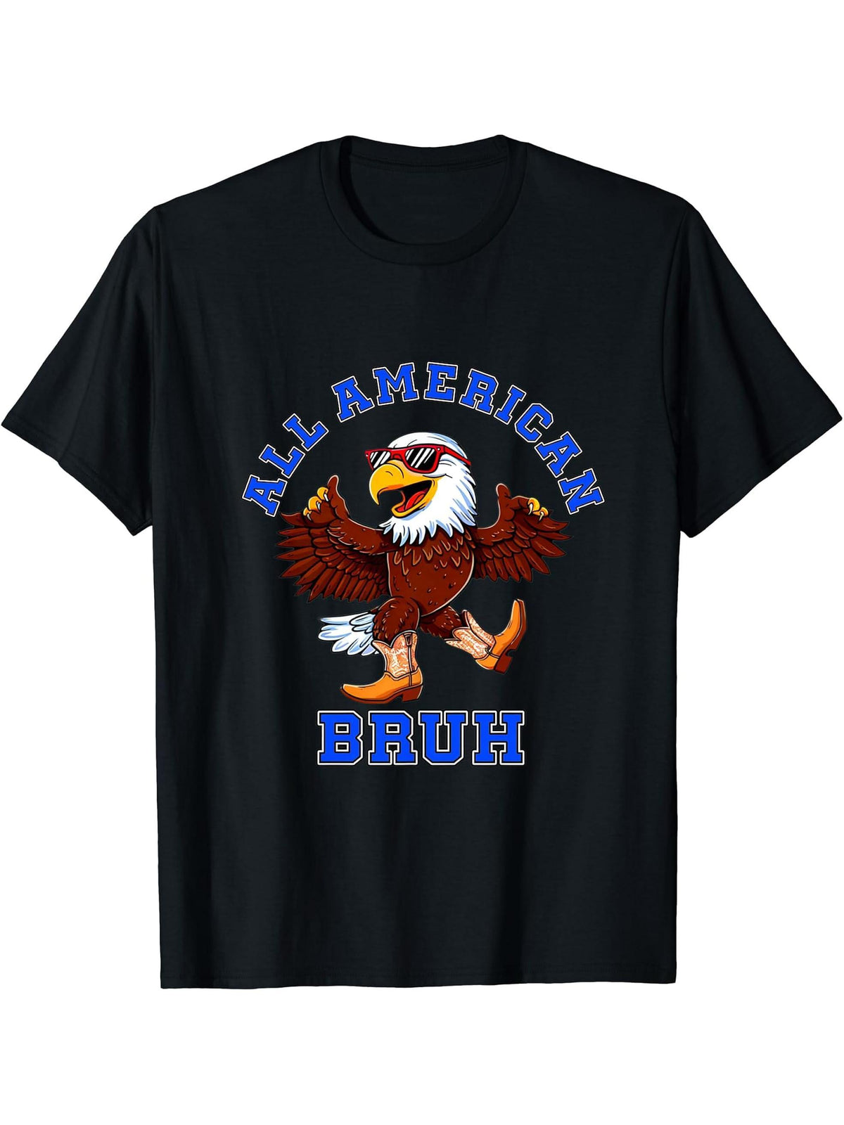 All American Bruh Bald Eagle Sunglasses Boots 4th Of July T-Shirt 180G 100% Cotton Printed Round Neck Short-Sleeve T-Shirt, Gifts for Men Dad Husband Grandpa, S-XXXL, Black