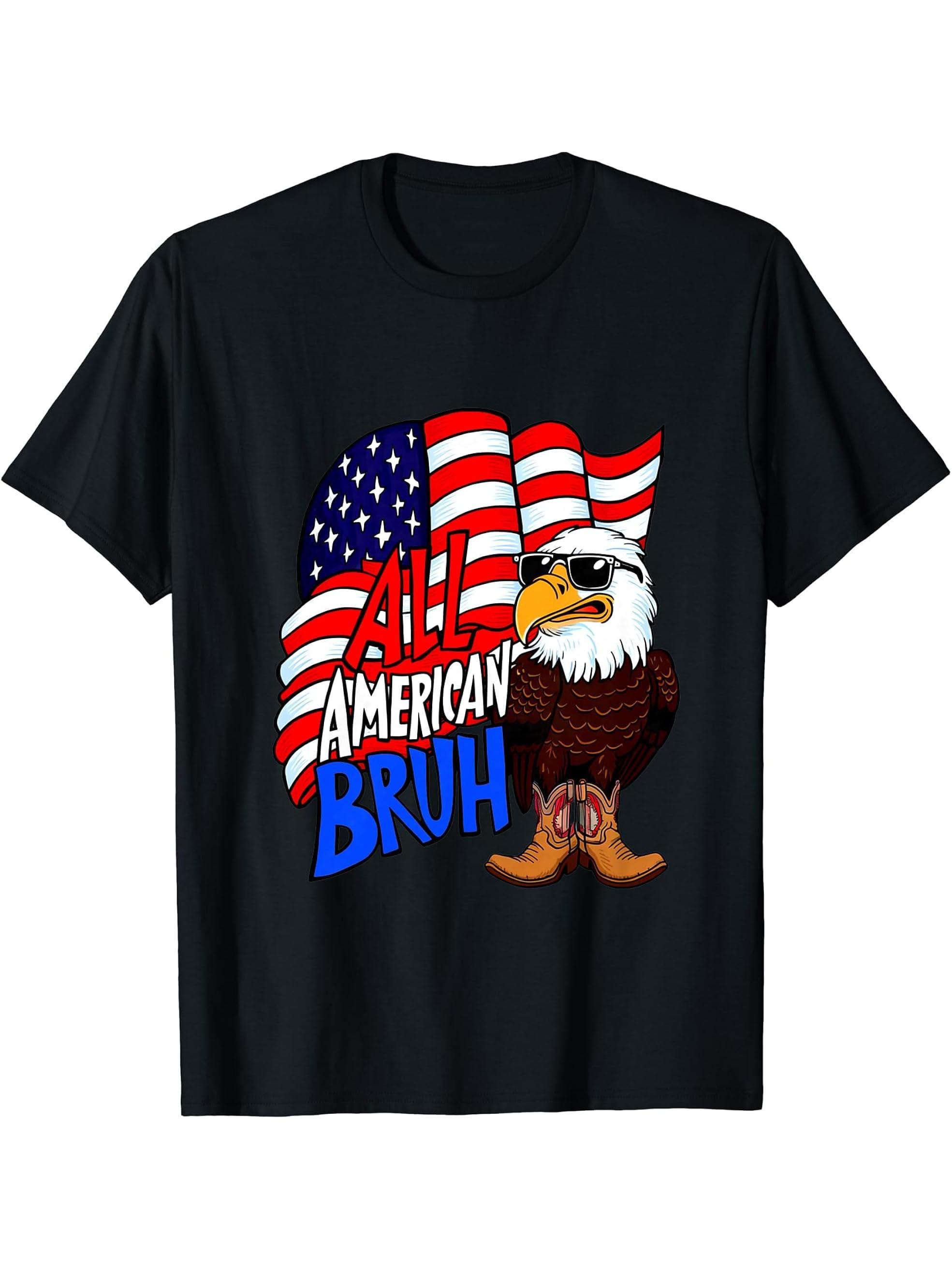 All American Bruh Bald Eagle Sunglasses Boots 4th Of July T-Shirt 180G 100% Cotton Printed Round Neck Short-Sleeve T-Shirt, Gifts for Men Dad Husband Grandpa, S-XXXL, Black