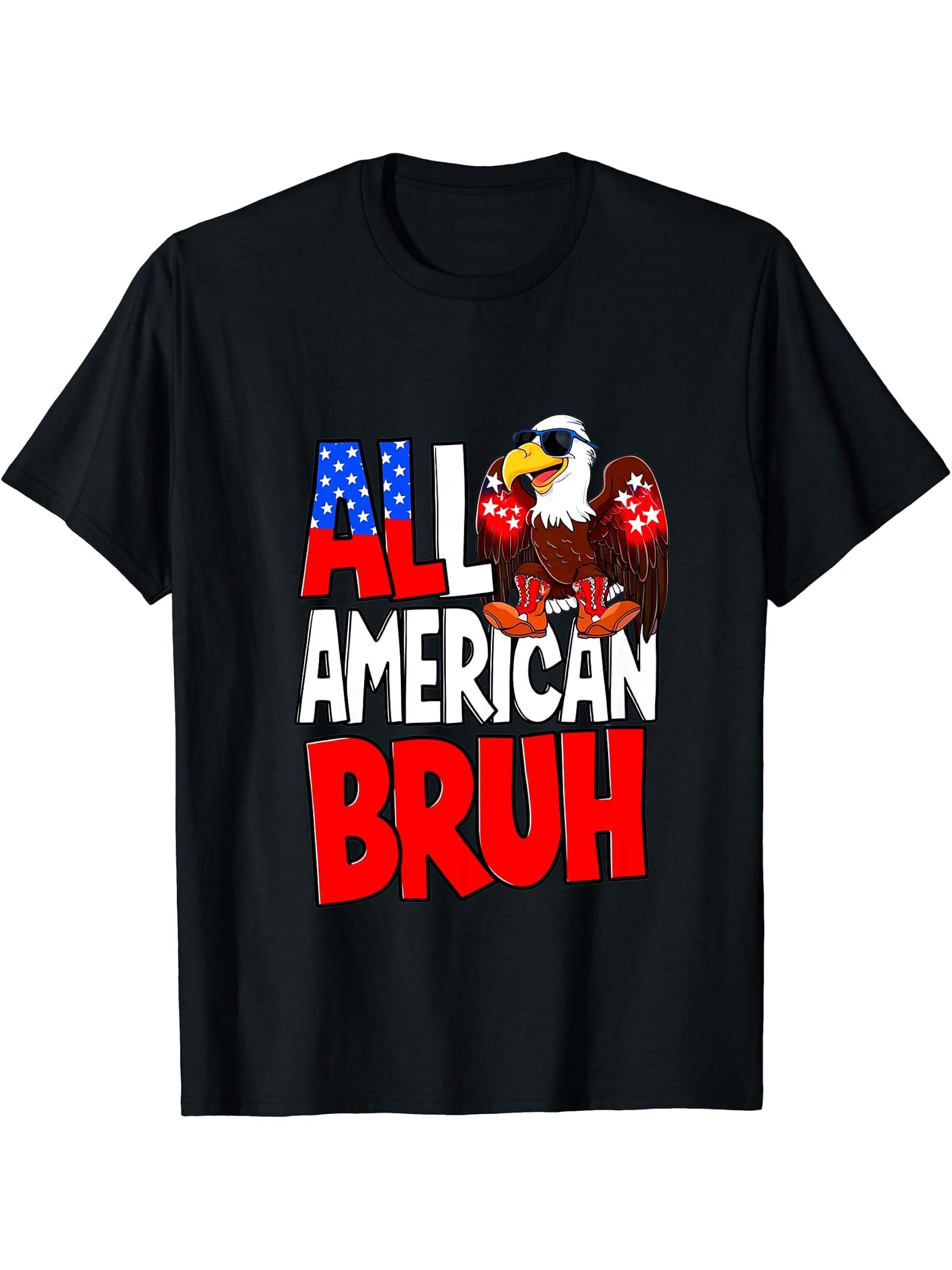 All American Bruh Bald Eagle Sunglasses Boots 4th Of July T-Shirt 180G 100% Cotton Printed Round Neck Short-Sleeve T-Shirt, Gifts for Men Dad Husband Grandpa, S-XXXL, Black