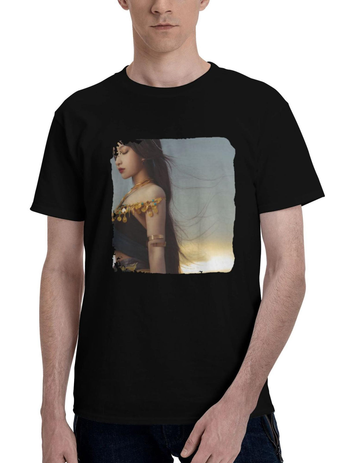 Jeweley-Asian Women 180G 100% Cotton Printed Round Neck Short-Sleeve T-Shirt, Christmas Gifts for Men Dad Husband Grandpa, S-XXXL, Black