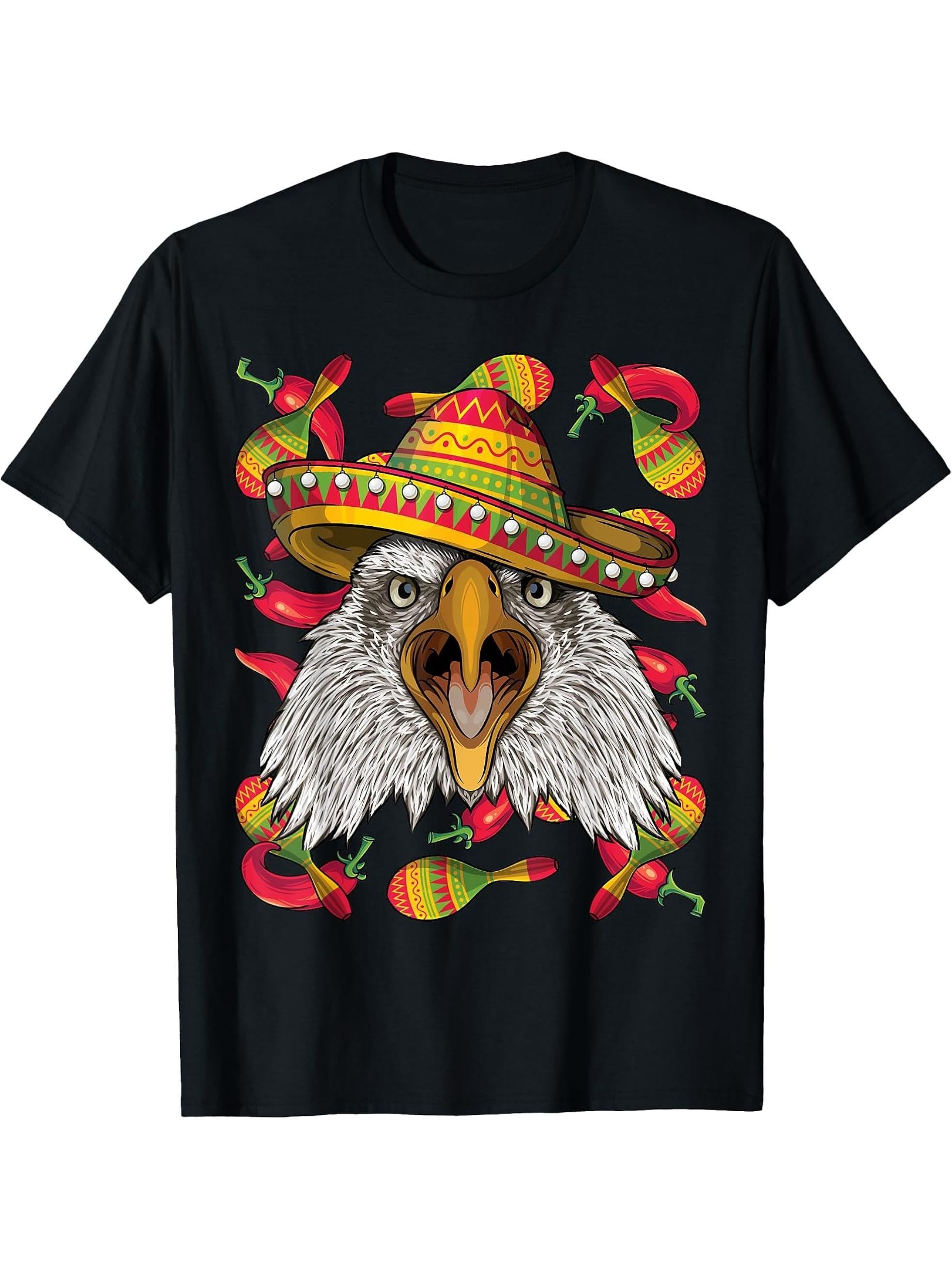 Cinco de Mayo Bald Eagle Sombrero Mexican Eagle Fiesta Party T-Shirt 180G 100% Cotton Printed Round Neck Short-Sleeve T-Shirt, Gifts for Men Dad Husband Grandpa, S-XXXL, Black