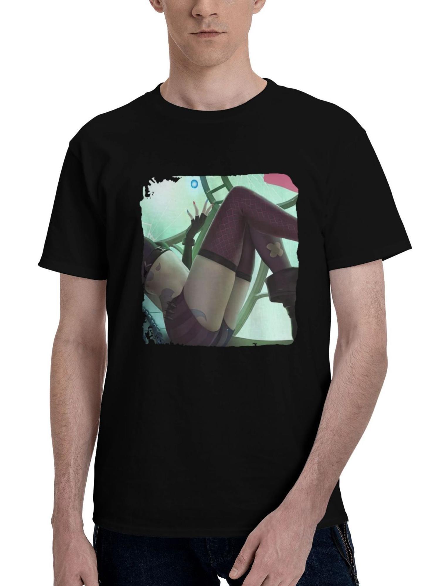 Jinx-League Of Legends Artwork 180G 100% Cotton Printed Round Neck Short-Sleeve T-Shirt, Christmas Gifts for Men Dad Husband Grandpa, S-XXXL, Black